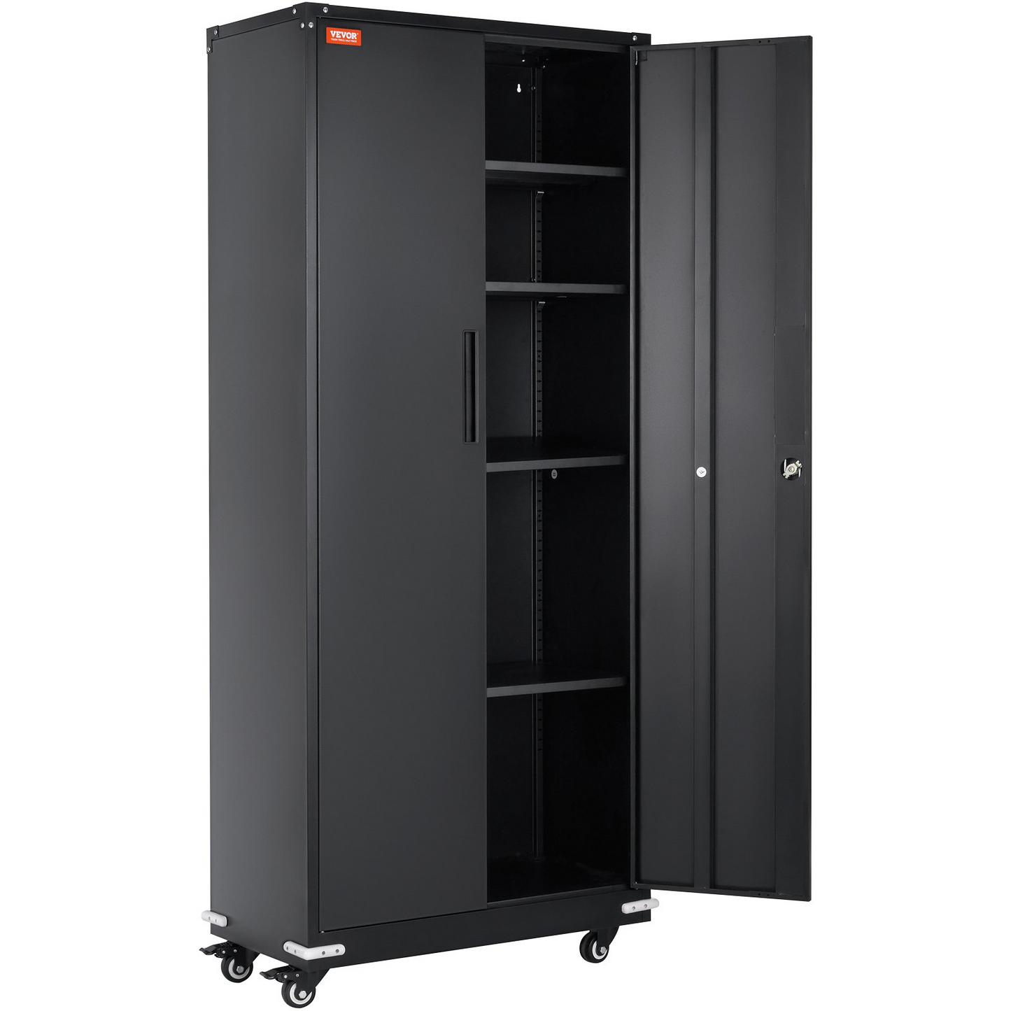 VEVOR Metal Storage Cabinet with Wheels, 75 in Locking Cabinet with 4 Adjustable Shelves & 2 Magnetic Doors, 200 lbs Capacity per Shelf, Metal Cabinet with 3 Keys for Home, Office, Garage, Black