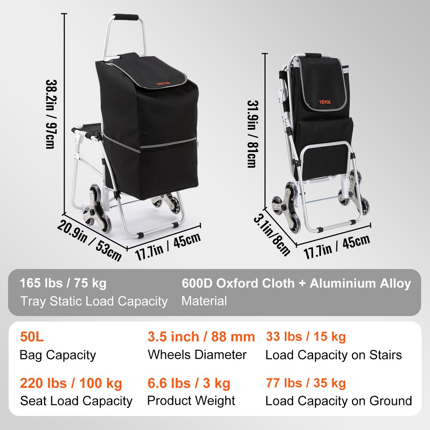 VEVOR Stair Climbing Cart 50L Foldable Shopping Cart w/ Waterproof Bag & Seat