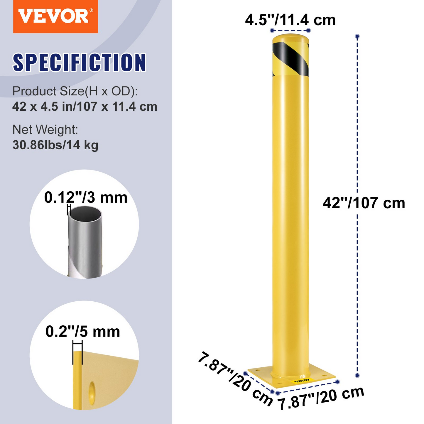 VEVOR Safety Bollard, 42 Inch Height Bollard Post, 4.5 Inch Diameter Steel Pipe Safety Bollard Post, Yellow Steel Bollard, Steel Safety Bollard with 8 Anchor Bolts, Perfect for Traffic-Sensitive Area