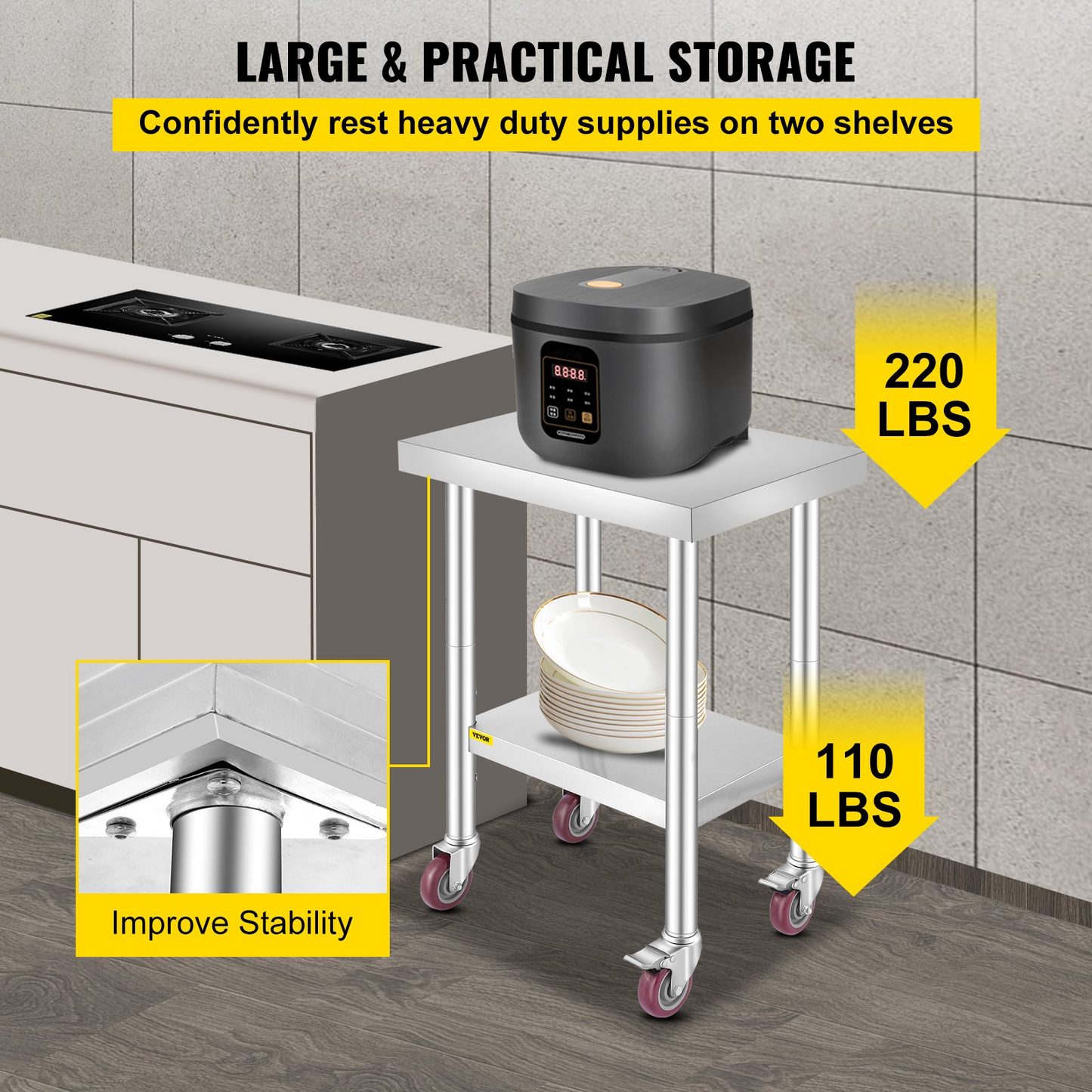 VEVOR 24x18x34 Inch Stainless Steel Work Table 3-Stage Adjustable Shelf with 4 Wheels Heavy Duty Commercial Food Prep Worktable with Brake for Kitchen Prep Work