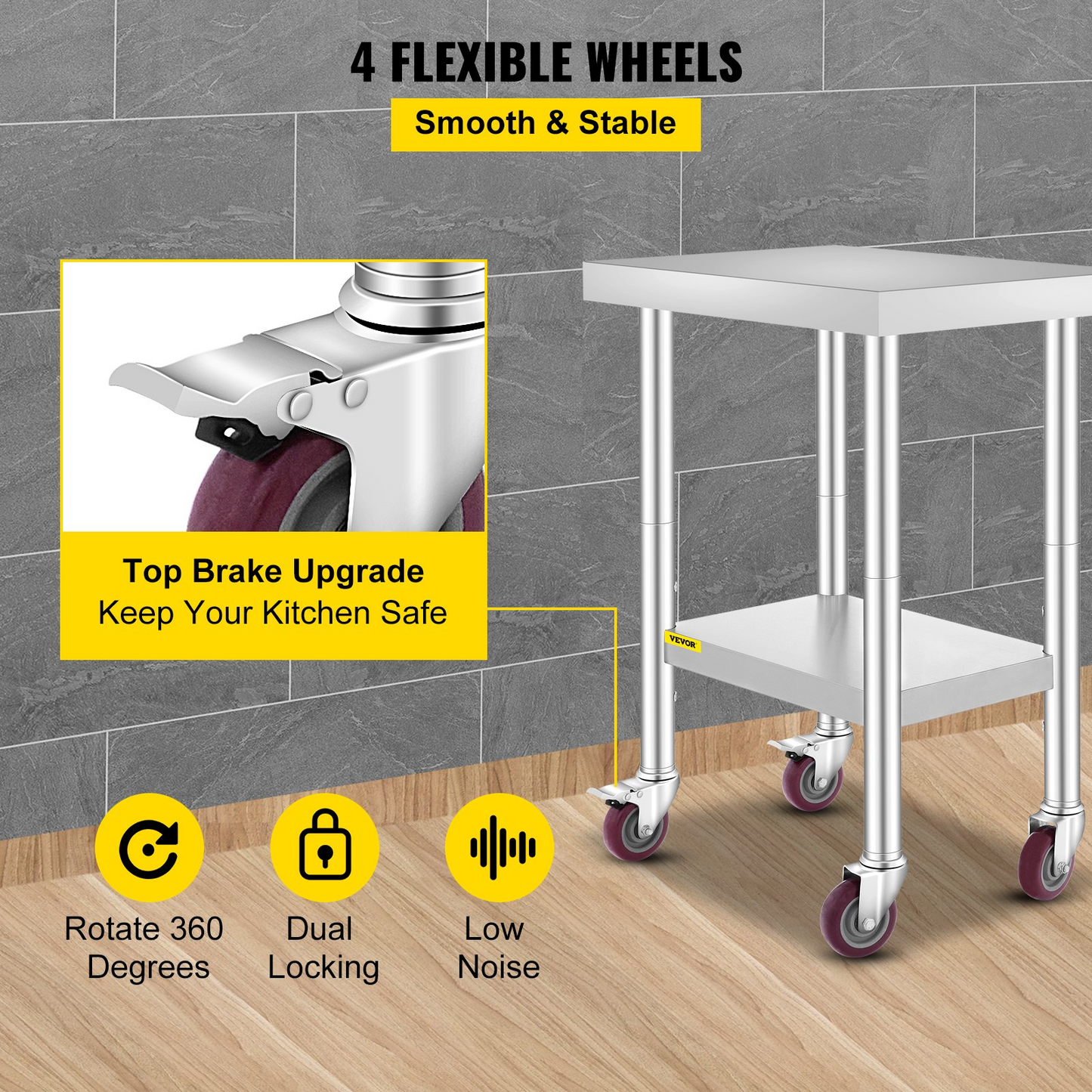 VEVOR 24x18x34 Inch Stainless Steel Work Table 3-Stage Adjustable Shelf with 4 Wheels Heavy Duty Commercial Food Prep Worktable with Brake for Kitchen Prep Work