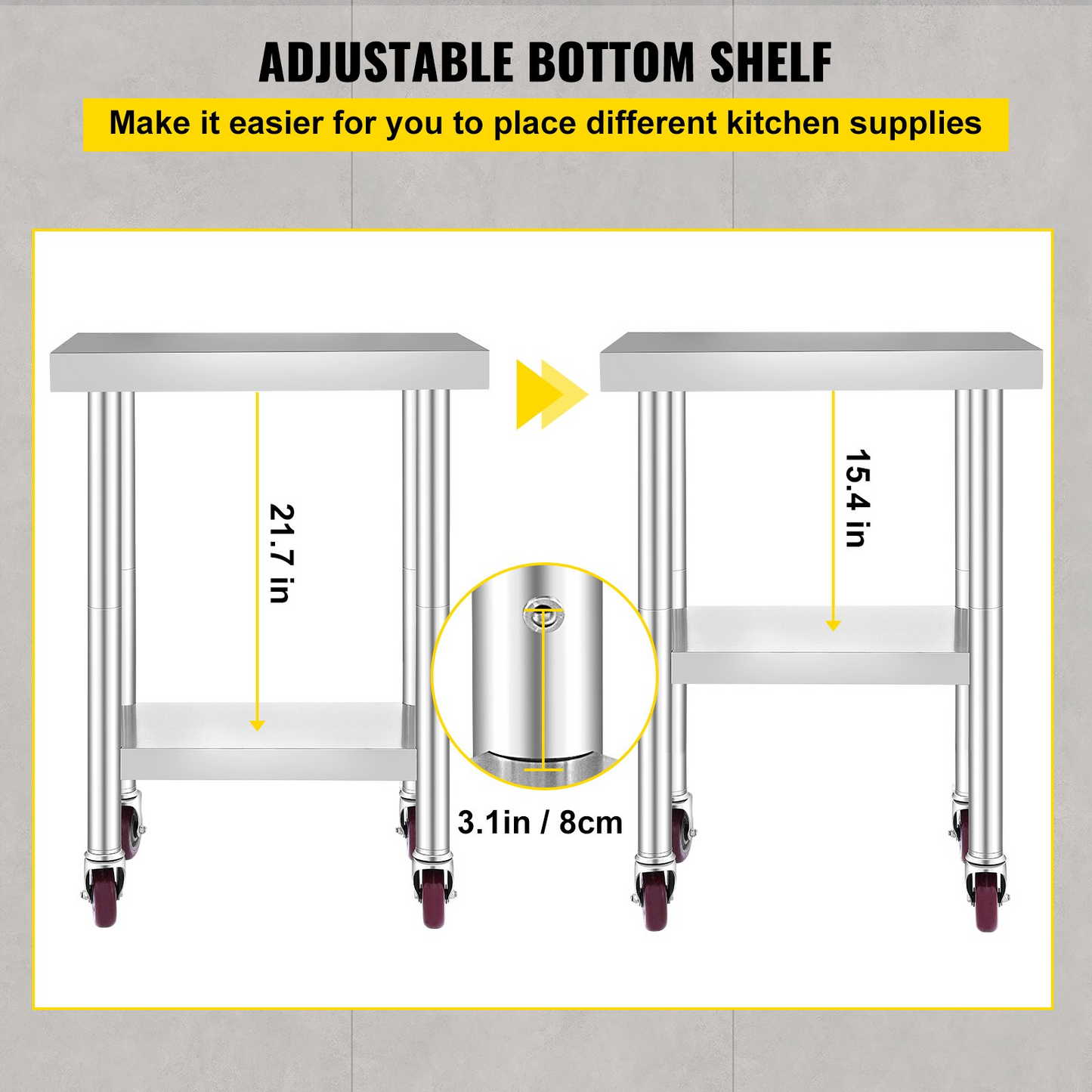VEVOR 24x18x34 Inch Stainless Steel Work Table 3-Stage Adjustable Shelf with 4 Wheels Heavy Duty Commercial Food Prep Worktable with Brake for Kitchen Prep Work