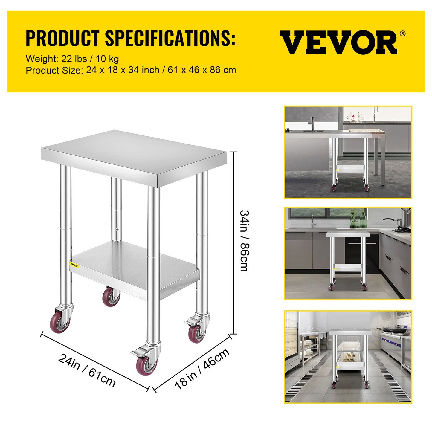 VEVOR 24x18x34 Inch Stainless Steel Work Table 3-Stage Adjustable Shelf with 4 Wheels Heavy Duty Commercial Food Prep Worktable with Brake for Kitchen Prep Work
