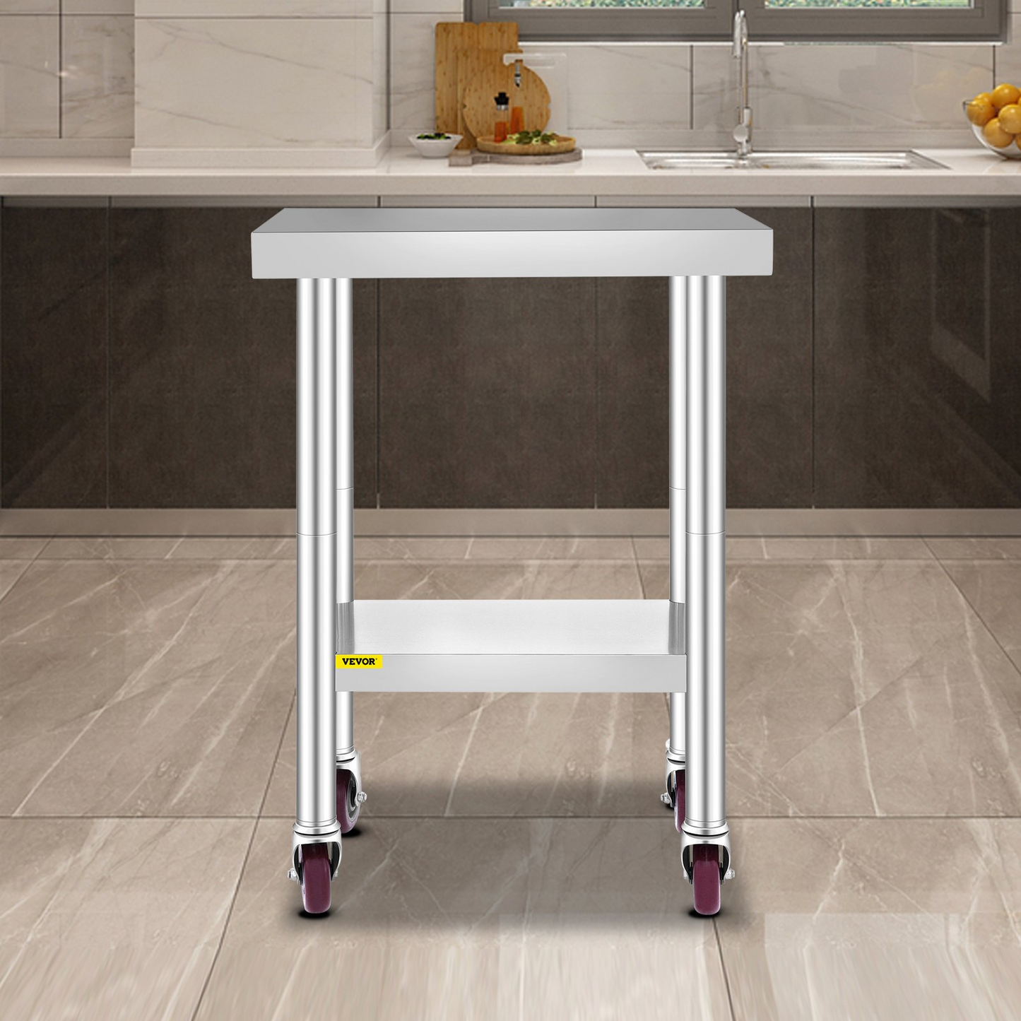 VEVOR 24x18x34 Inch Stainless Steel Work Table 3-Stage Adjustable Shelf with 4 Wheels Heavy Duty Commercial Food Prep Worktable with Brake for Kitchen Prep Work