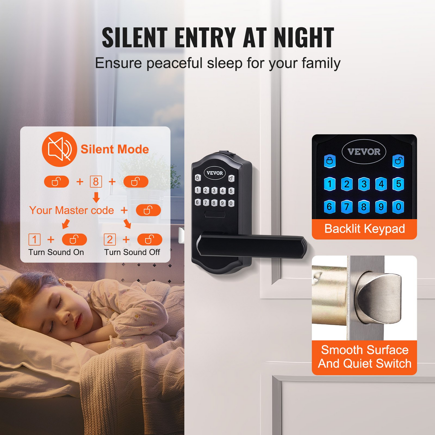 VEVOR Keyless Entry Door Lock, Electronic Keypad Entry Lever, Password and Key Unlock Combination Door Lock, Auto-Locking Keypad Door Lock with Deadbolt for Front Door, Matte Black, 5.63 x 2.76 in