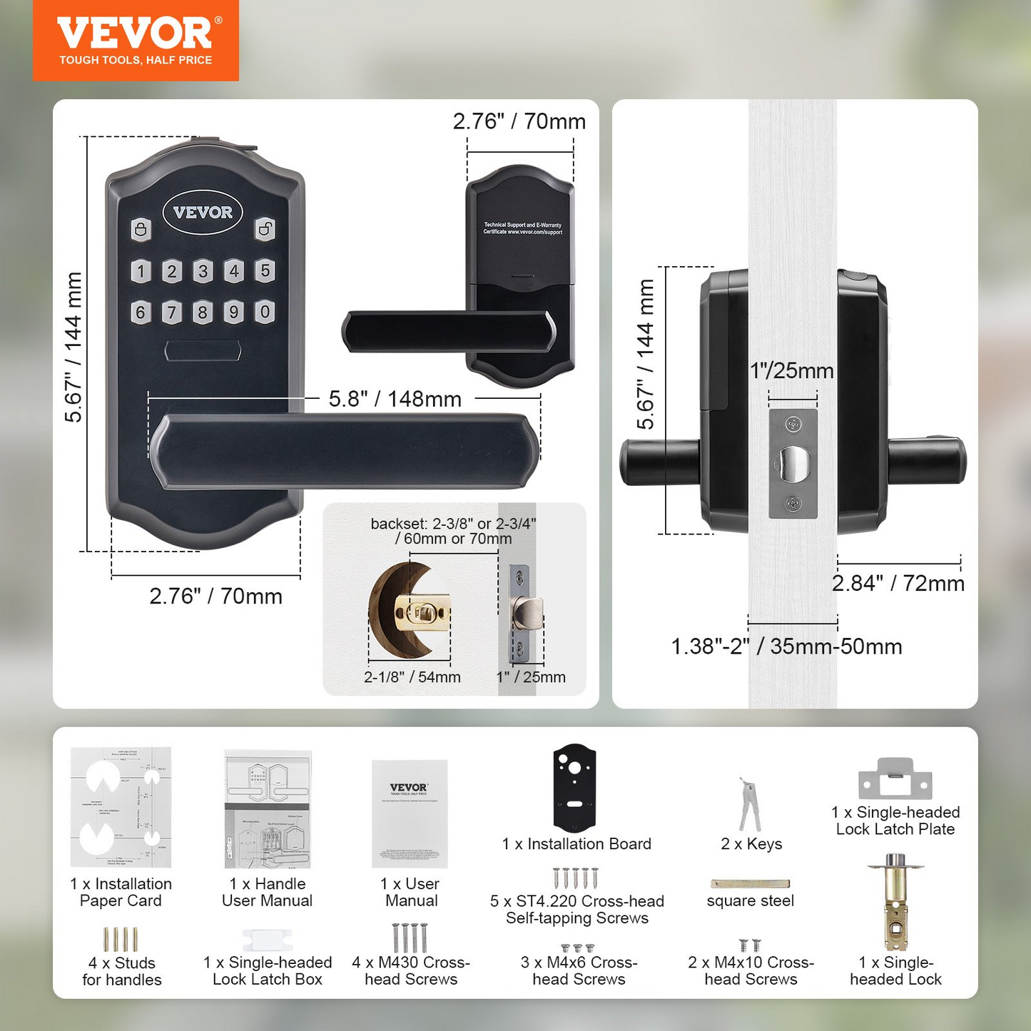 VEVOR Keyless Entry Door Lock, Electronic Keypad Entry Lever, Password and Key Unlock Combination Door Lock, Auto-Locking Keypad Door Lock with Deadbolt for Front Door, Matte Black, 5.63 x 2.76 in
