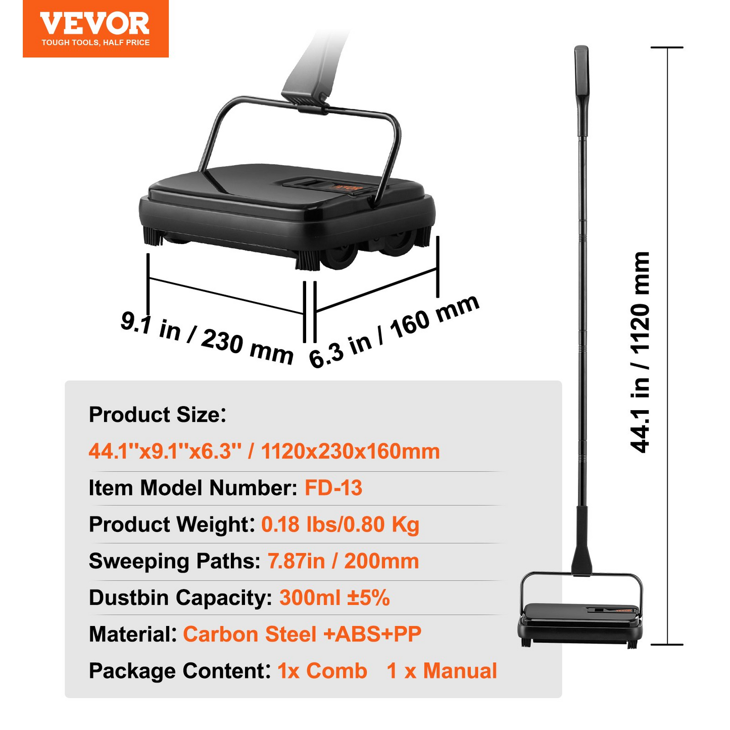 VEVOR Carpet Sweeper, 7.87 in Sweeping Paths, Floor Sweeper Manual Non Electric, 300 ml Dustbin Capacity with Comb for Home Office Rugs Hardwood Surfaces Wood Floors Laminate, Cleans Dust Pet Hair