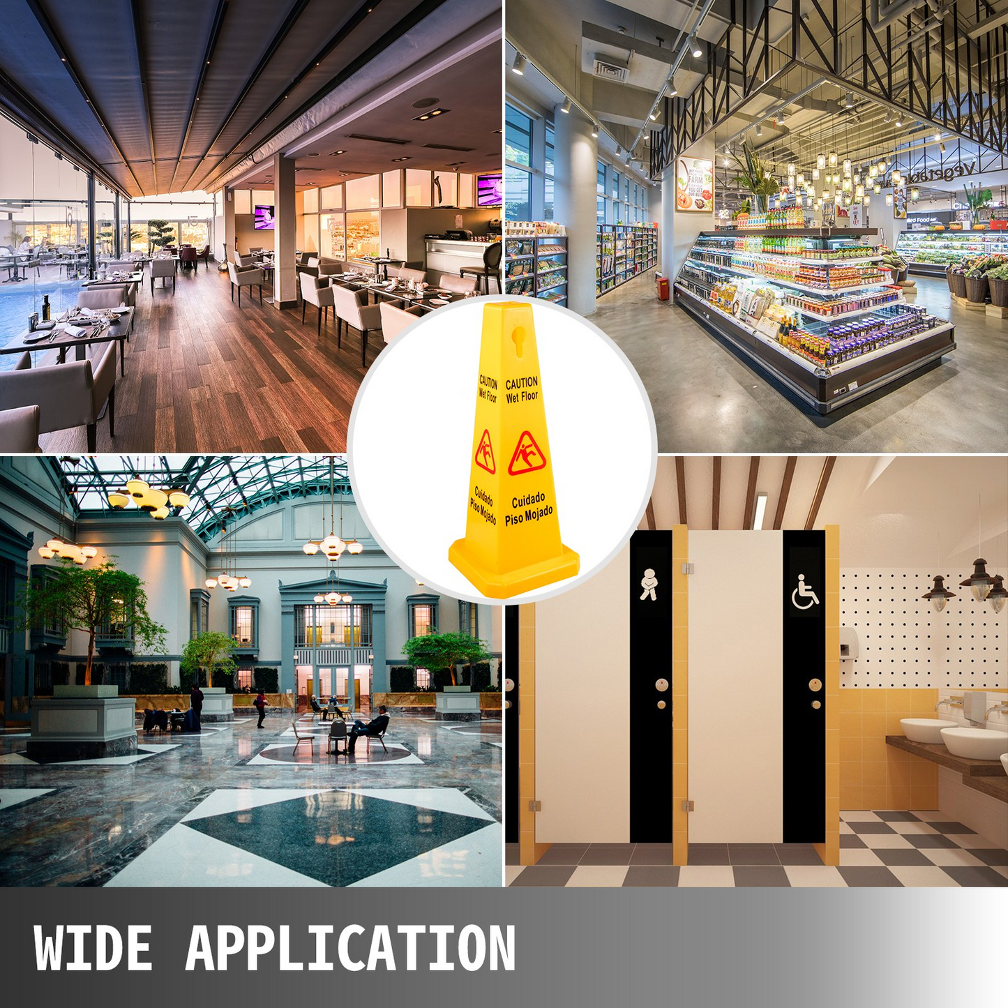 VEVOR 3 Pack Floor Safety Cone Yellow Caution Wet Floor Signs 4 Sided Floor Wet Sign Public Safety Wet Floor Cones Bilingual Wet Sign Floor for Indoors and Outdoors