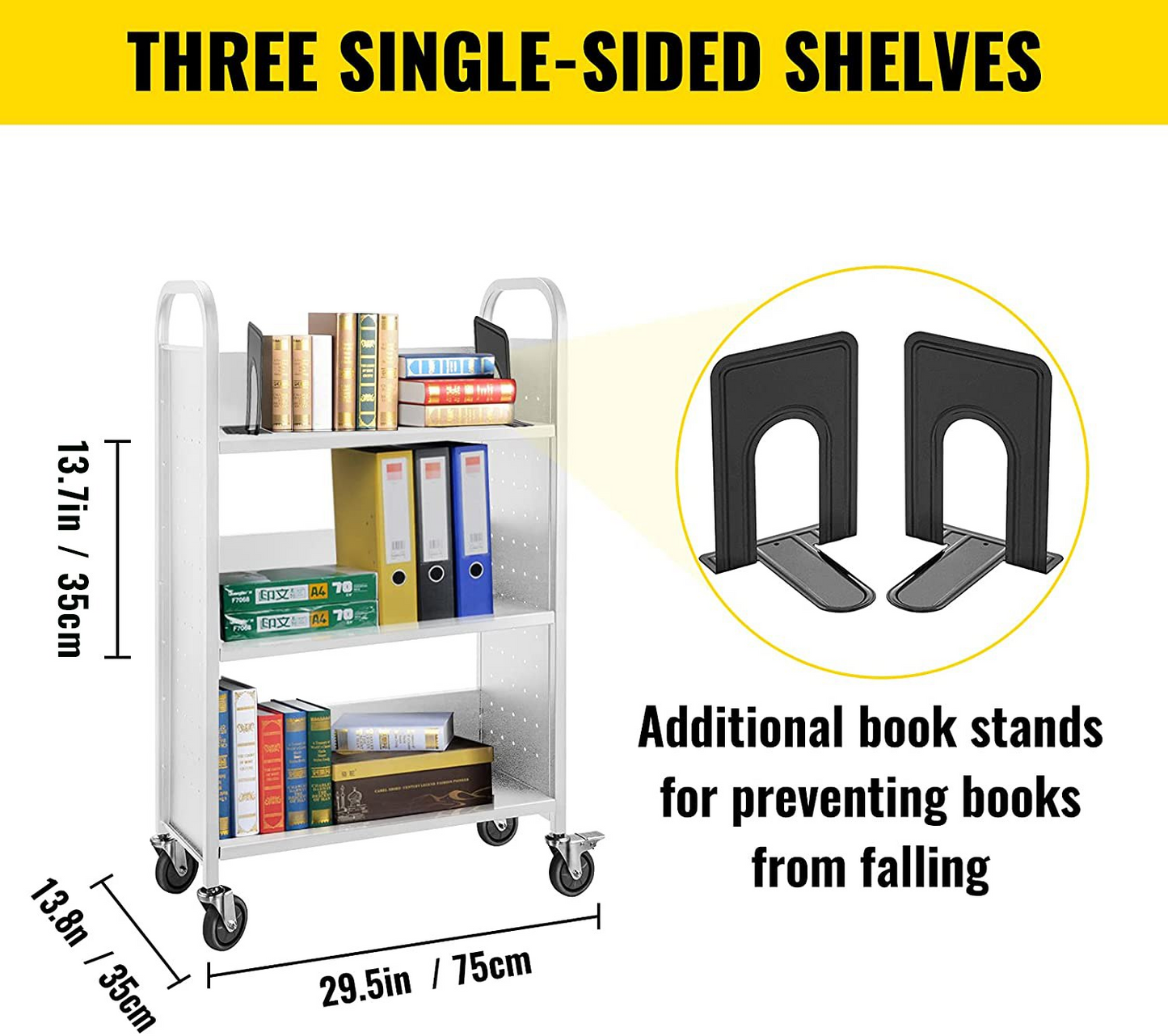 VEVOR Book Cart, 200lbs Library Cart, 30x14x49 Inch Rolling Book Cart Single Sided L-Shaped Flat Shelves with 4 Inch Lockable Wheels, for Home Shelves Office and School Book Truck in White