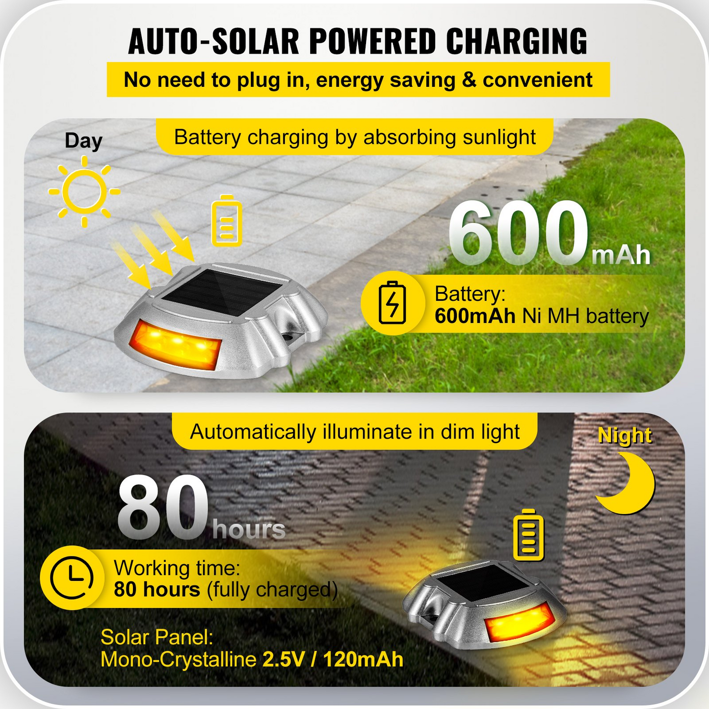 Vevor Driveway Lights, 4-Pack Solar Driveway Lights with Switch Button, Solar Deck Lights Waterproof, Wireless Dock Lights 6 LEDs for Path Warning Garden Walkway Sidewalk Steps, LED Bright Orange