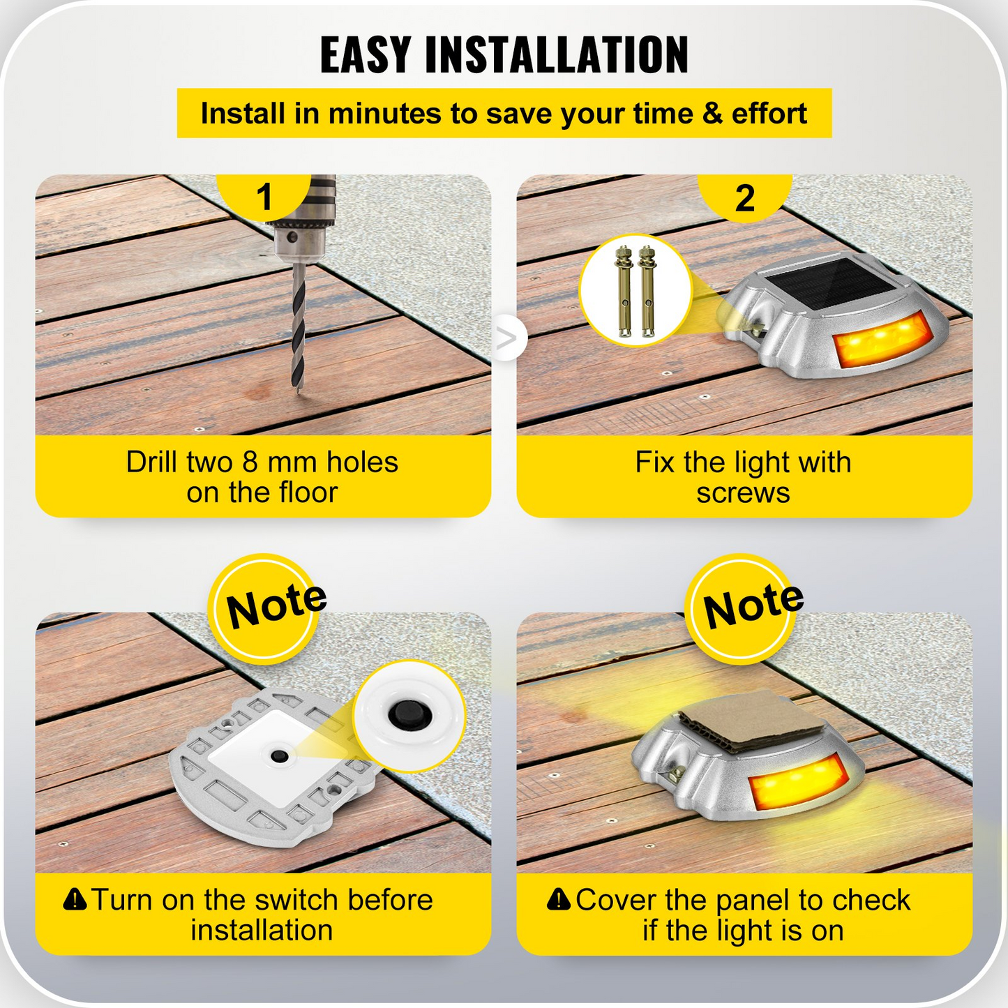 Vevor Driveway Lights, 4-Pack Solar Driveway Lights with Switch Button, Solar Deck Lights Waterproof, Wireless Dock Lights 6 LEDs for Path Warning Garden Walkway Sidewalk Steps, LED Bright Orange