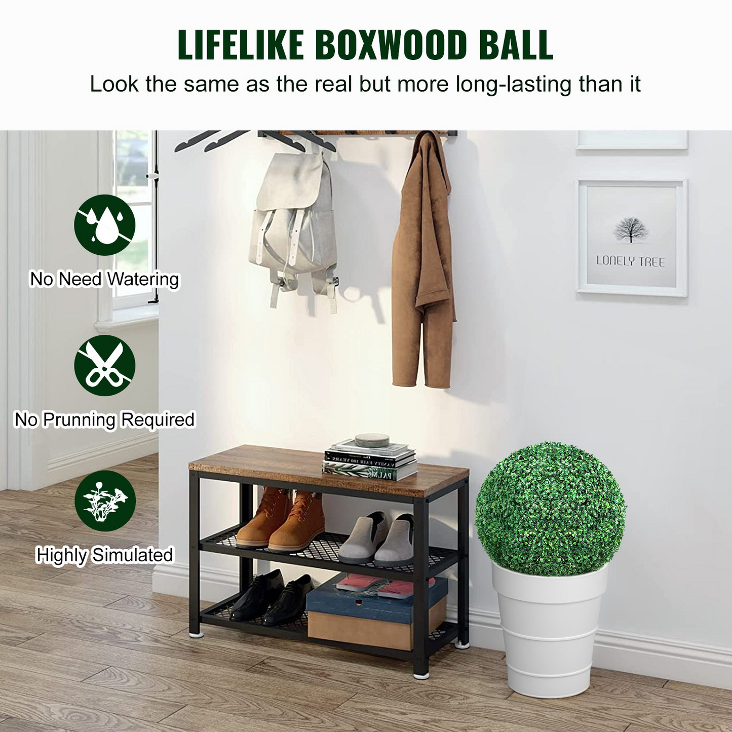 VEVOR Artificial Topiaries Boxwood Trees, 16” Tall (2 Pieces), Ball-Shape Faux Topiaries Plant, All-year Green Feaux Plant Decorative Balls for Backyard, Balcony,Garden, Wedding and Home Décor
