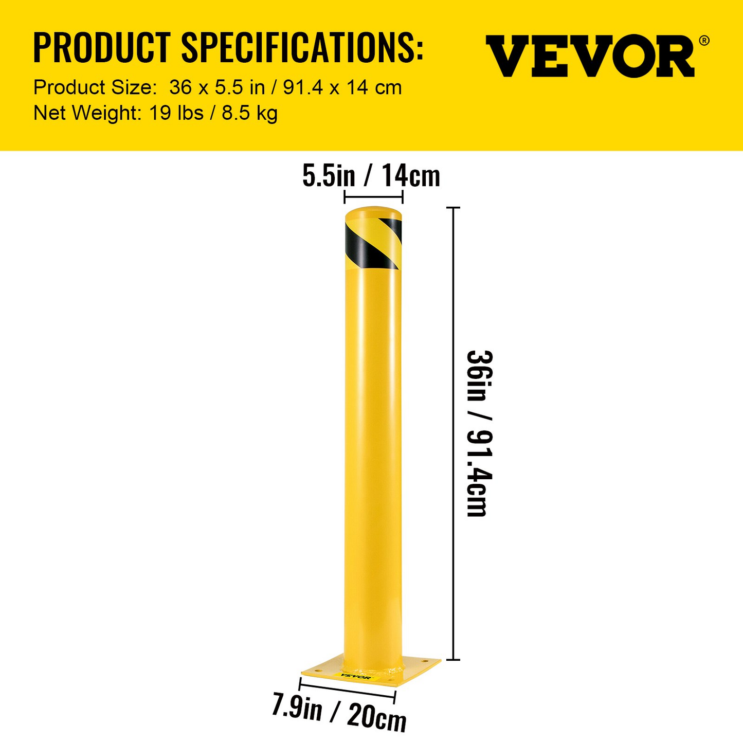 VEVOR Safety Bollard, 36x5.5 Safety Barrier Bollard, 5-1/2" OD 36" Height Yellow Powder Coat Pipe Steel Safety Barrier with 4 Free Anchor Bolts for Traffic-Sensitive Area