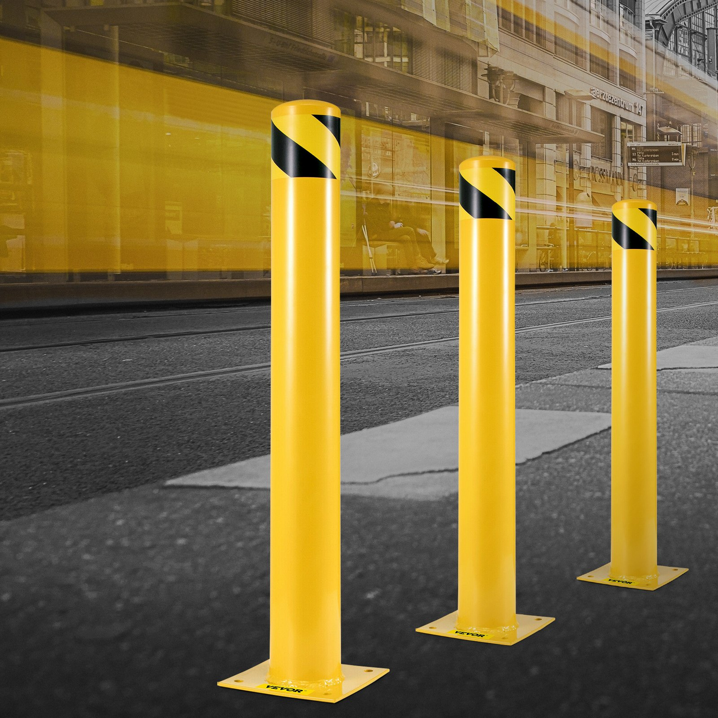 VEVOR Safety Bollard, 36x5.5 Safety Barrier Bollard, 5-1/2" OD 36" Height Yellow Powder Coat Pipe Steel Safety Barrier with 4 Free Anchor Bolts for Traffic-Sensitive Area