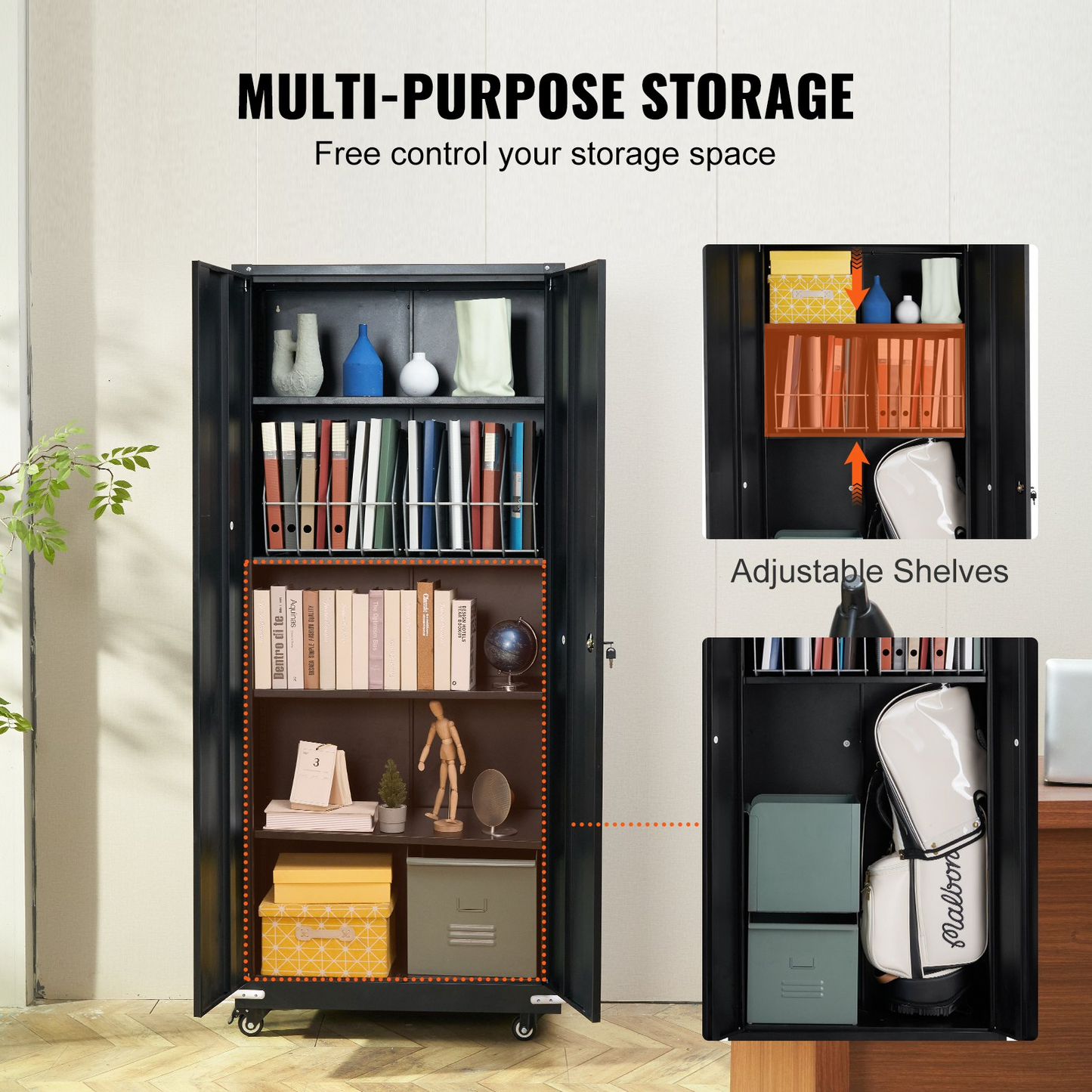 VEVOR Metal Storage Cabinet with Wheels, 75 in Locking Cabinet with 4 Adjustable Shelves & 2 Magnetic Doors, 200 lbs Capacity per Shelf, Metal Cabinet with 3 Keys for Home, Office, Garage, Black