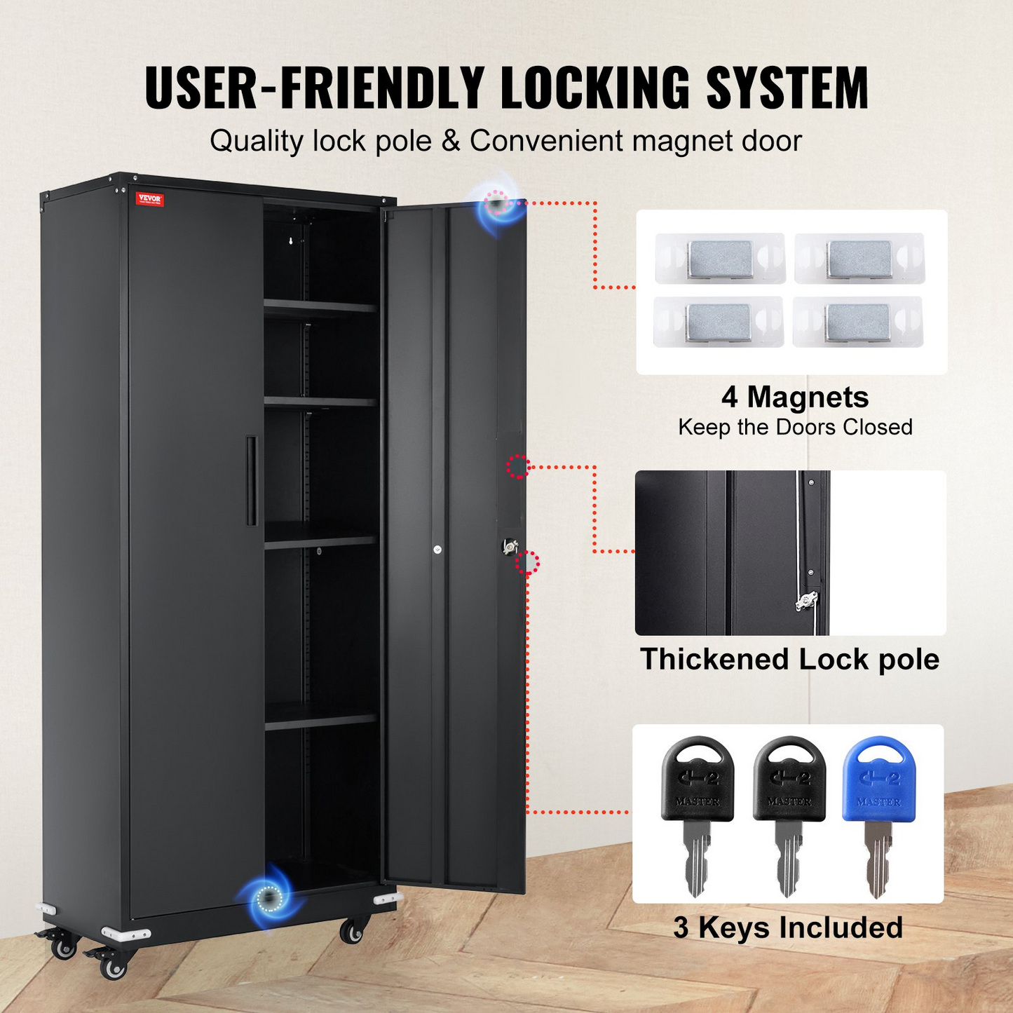 VEVOR Metal Storage Cabinet with Wheels, 75 in Locking Cabinet with 4 Adjustable Shelves & 2 Magnetic Doors, 200 lbs Capacity per Shelf, Metal Cabinet with 3 Keys for Home, Office, Garage, Black