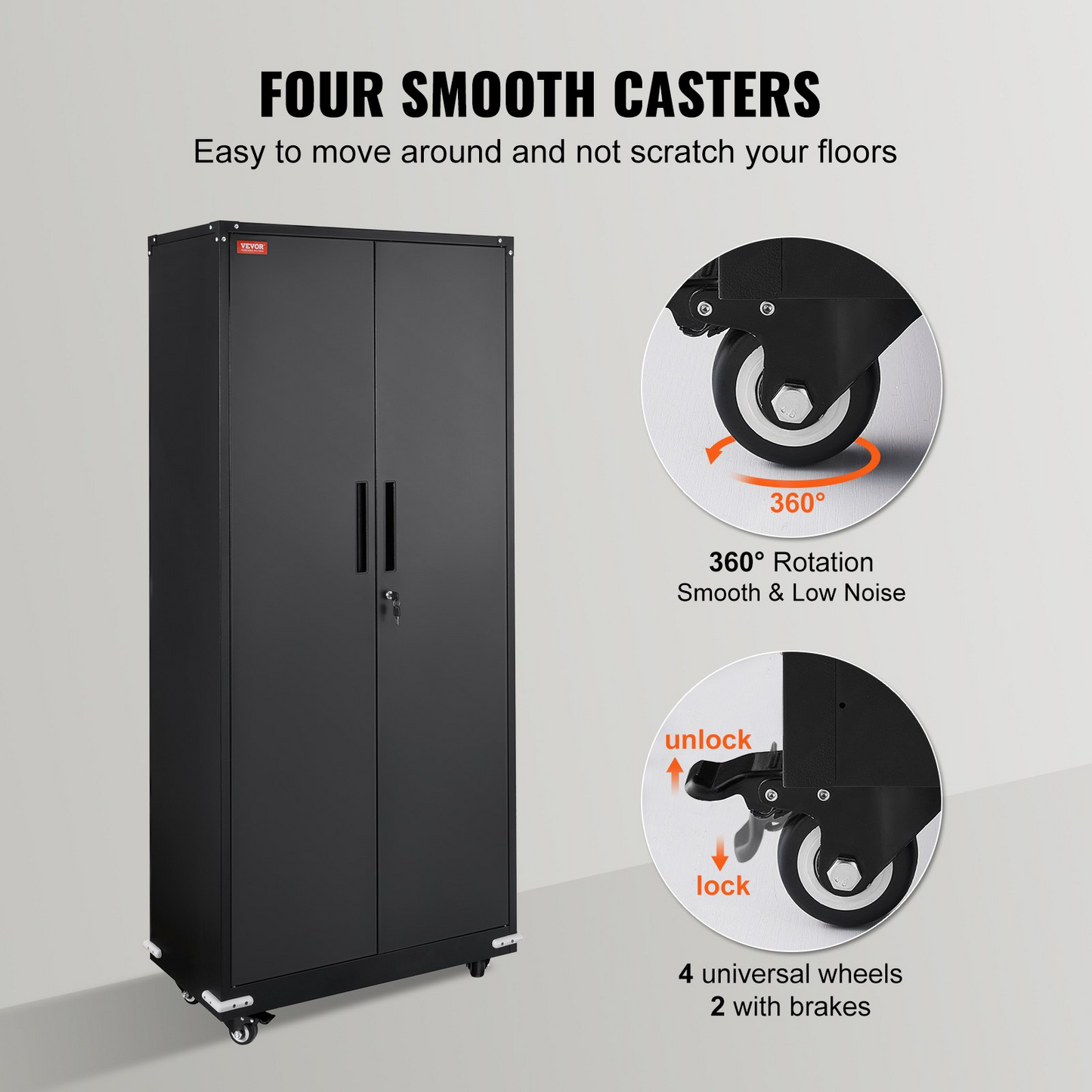 VEVOR Metal Storage Cabinet with Wheels, 75 in Locking Cabinet with 4 Adjustable Shelves & 2 Magnetic Doors, 200 lbs Capacity per Shelf, Metal Cabinet with 3 Keys for Home, Office, Garage, Black