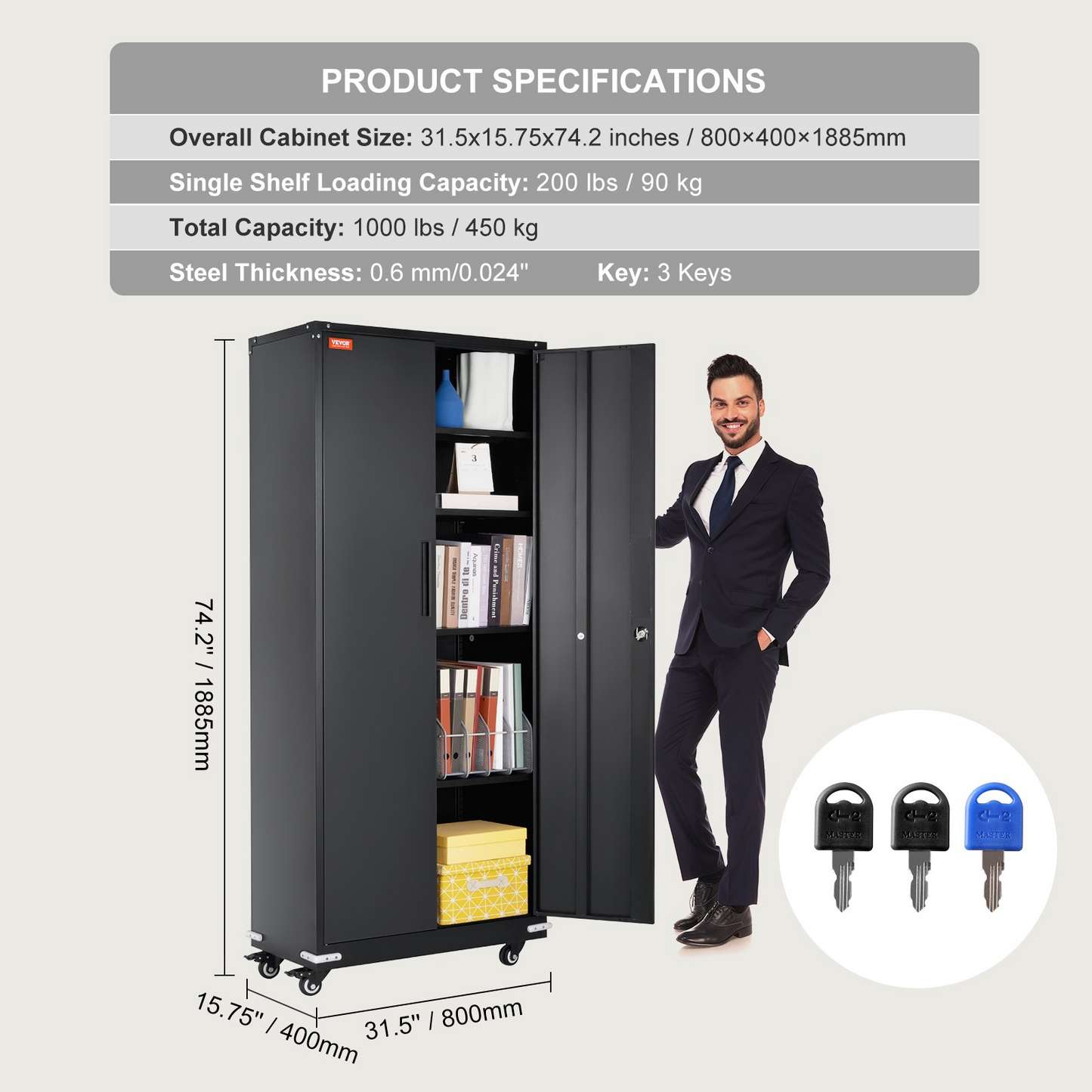 VEVOR Metal Storage Cabinet with Wheels, 75 in Locking Cabinet with 4 Adjustable Shelves & 2 Magnetic Doors, 200 lbs Capacity per Shelf, Metal Cabinet with 3 Keys for Home, Office, Garage, Black