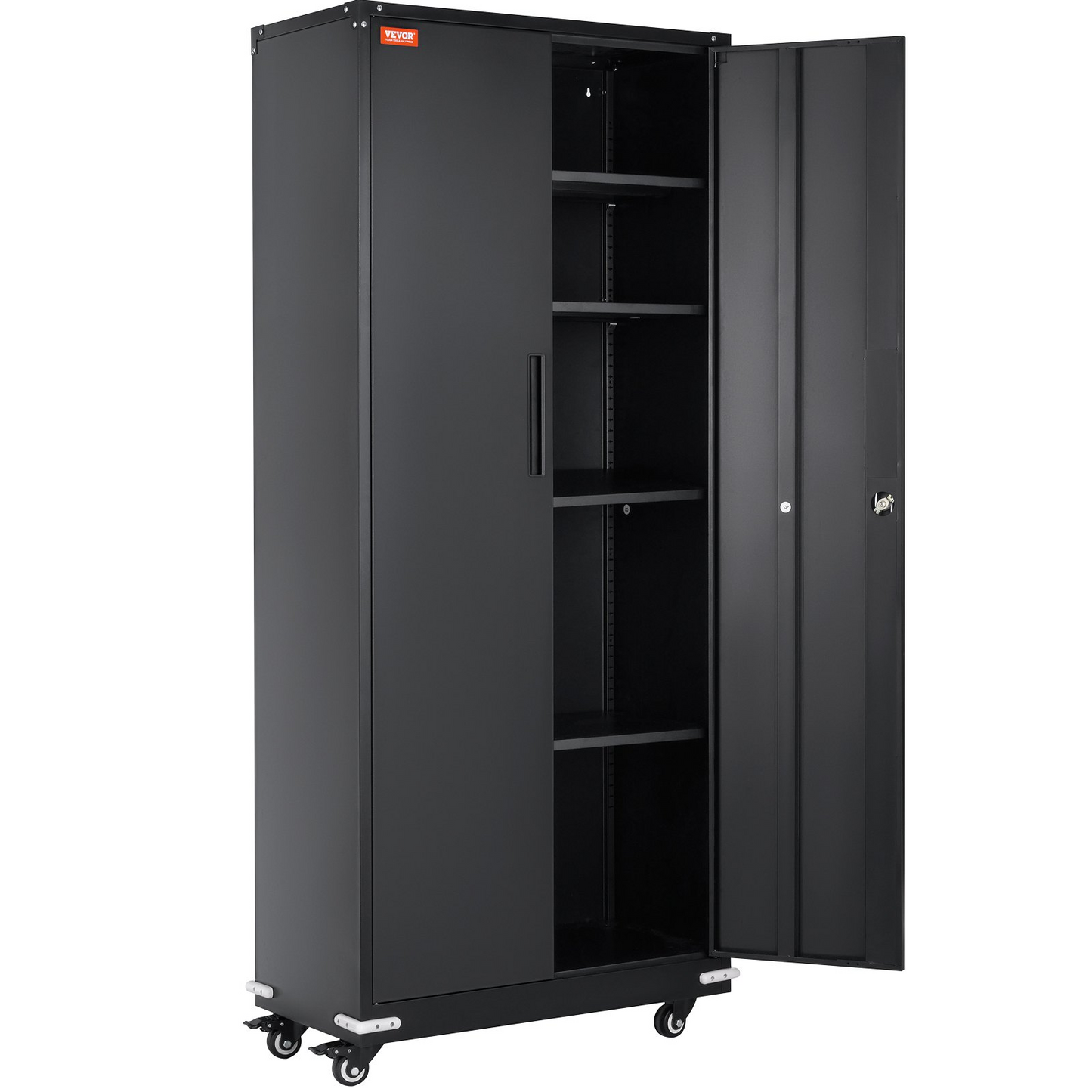 VEVOR Metal Storage Cabinet with Wheels, 75 in Locking Cabinet with 4 Adjustable Shelves & 2 Magnetic Doors, 200 lbs Capacity per Shelf, Metal Cabinet with 3 Keys for Home, Office, Garage, Black