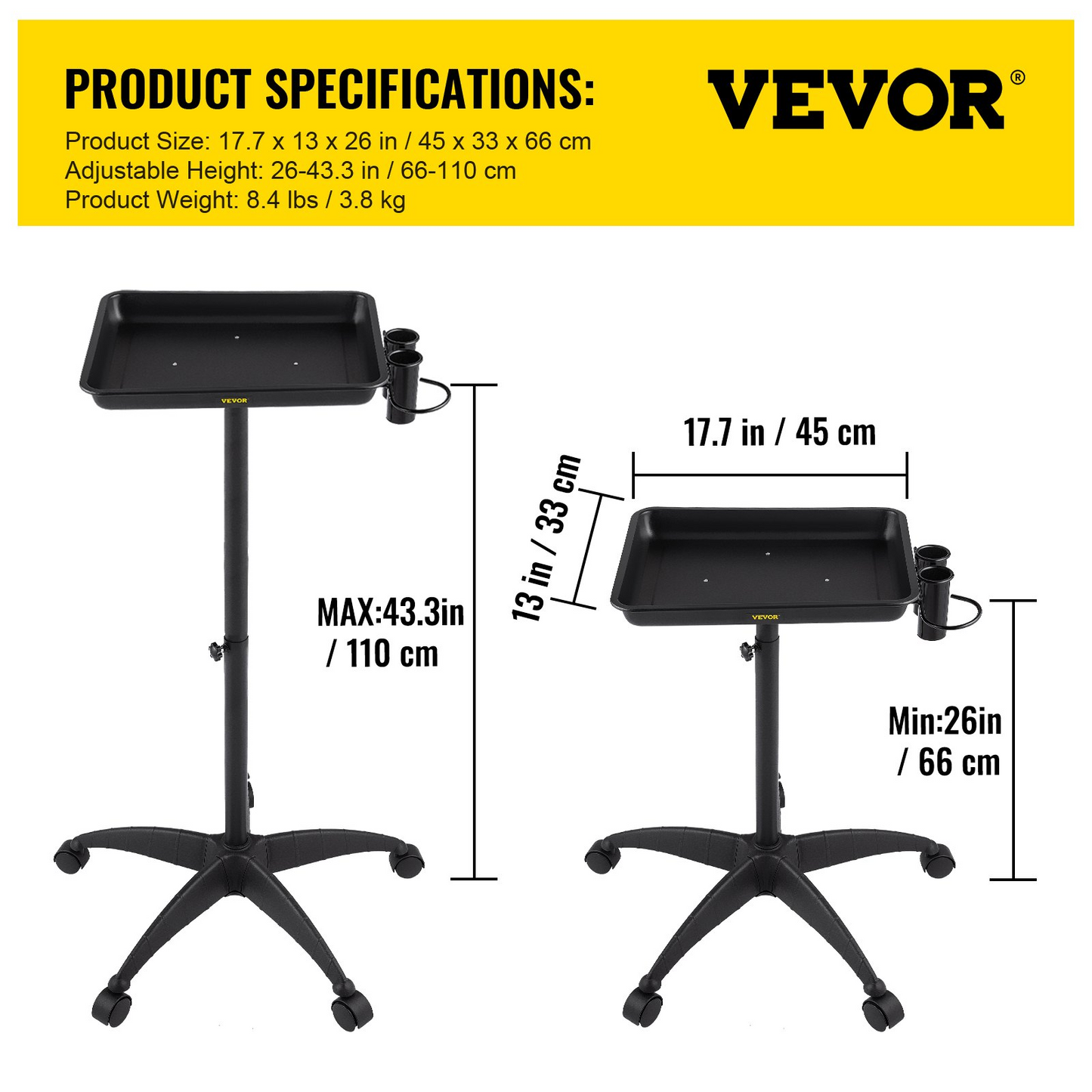 VEVOR Mayo Stand Medical Tray, Height Adjustable Stainless Steel Salon Tray Easy Assemble Tattoo Cart Lab Tray with 2 Cups & 1 Metal Ring for SPA Clinic Personal Care Lab Hospital Dentistry, Black