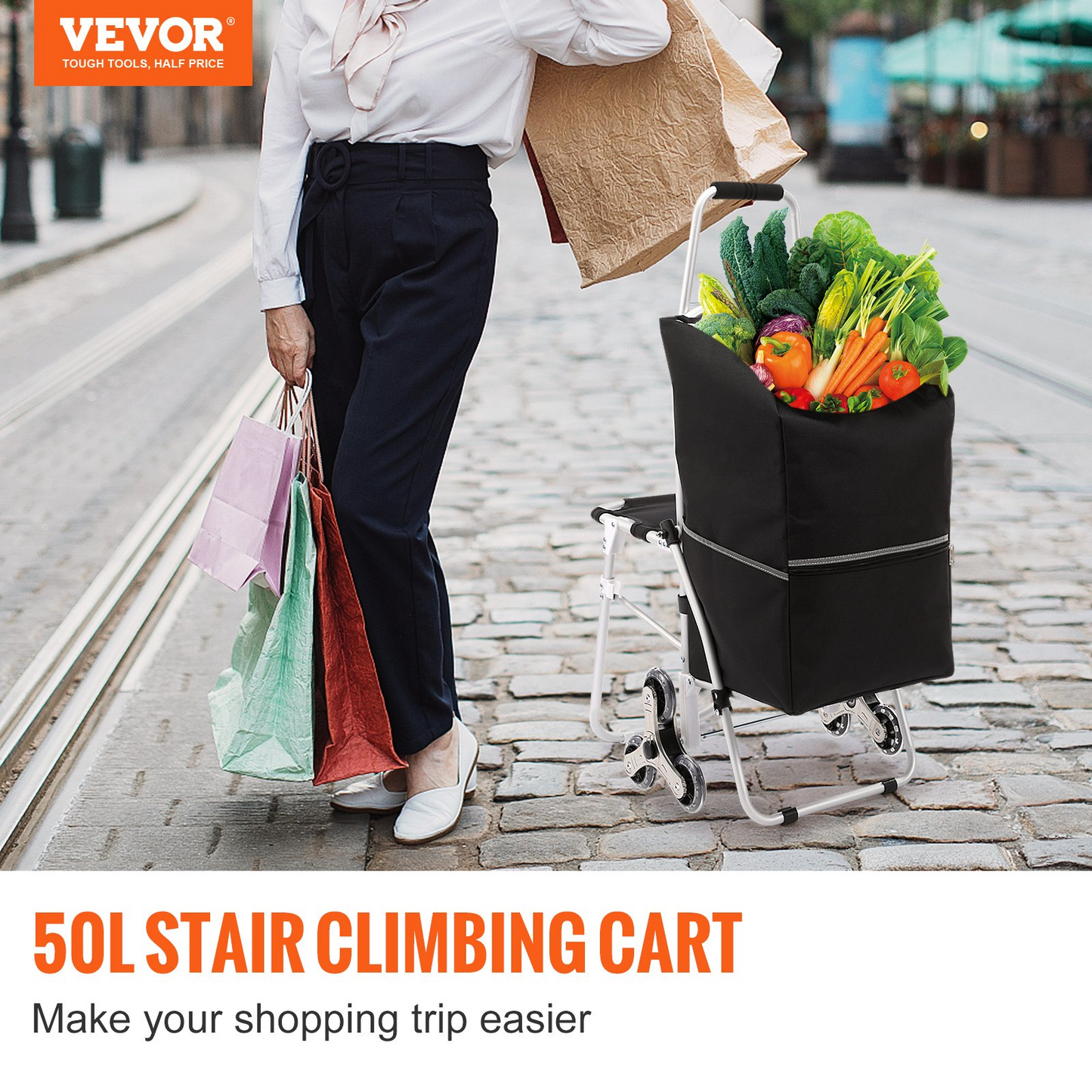 VEVOR Stair Climbing Cart 50L Foldable Shopping Cart w/ Waterproof Bag & Seat