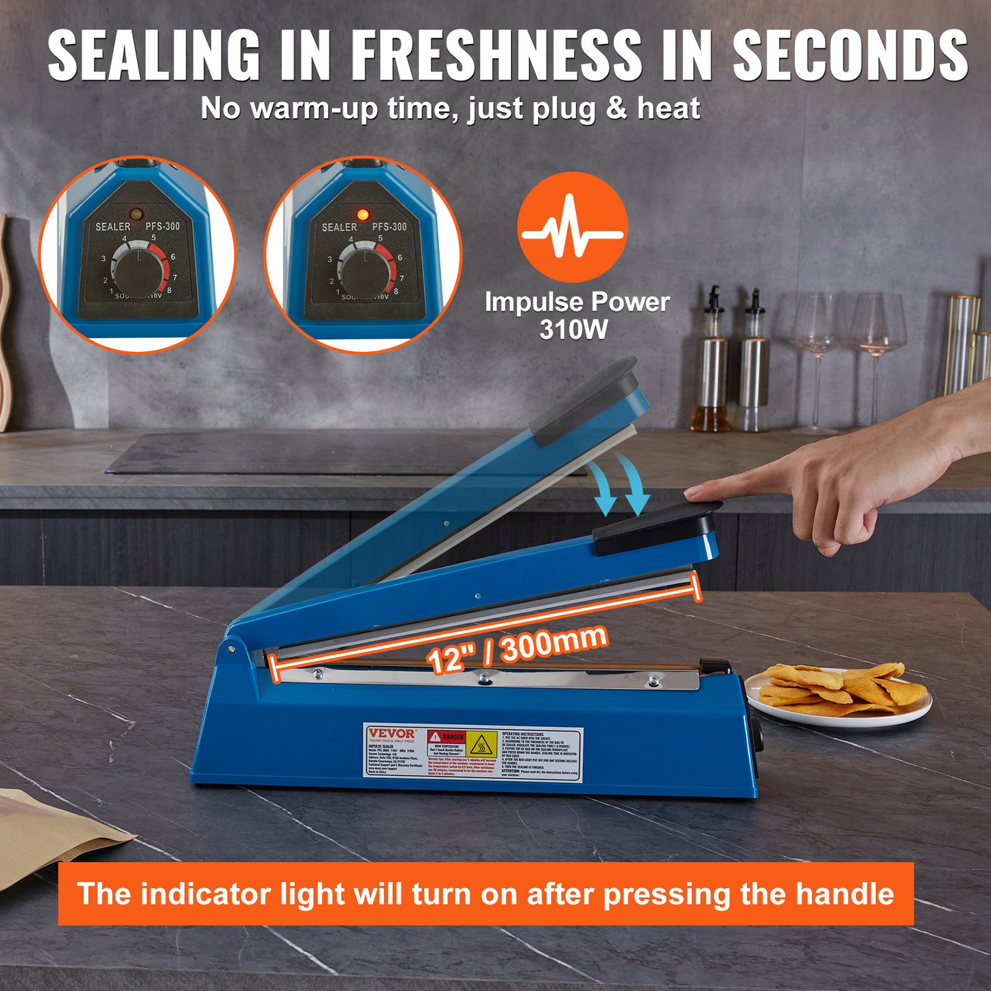 VEVOR Impulse Sealer 12 inch, Manual Heat Seal Machine with Adjustable Heating Mode, ABS Shrink Wrap Bag Sealers for Plastic Mylar PE PP Bags, Portable Poly Bag Sealing Machine with Extra Replace Kit