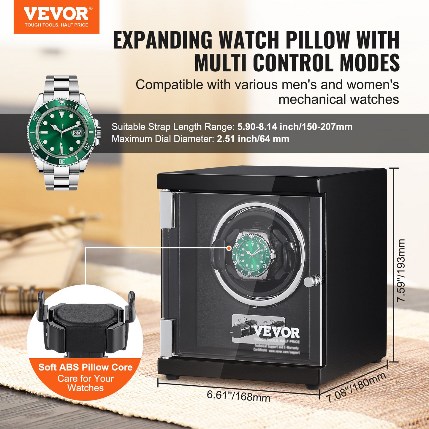 VEVOR Watch Winder, Single Watch Winder for Men's and Women's Automatic Watch, with Super Quiet Japanese Mabuchi Motor, Blue LED Light and Adapter, High-Density Board Shell and Black PU