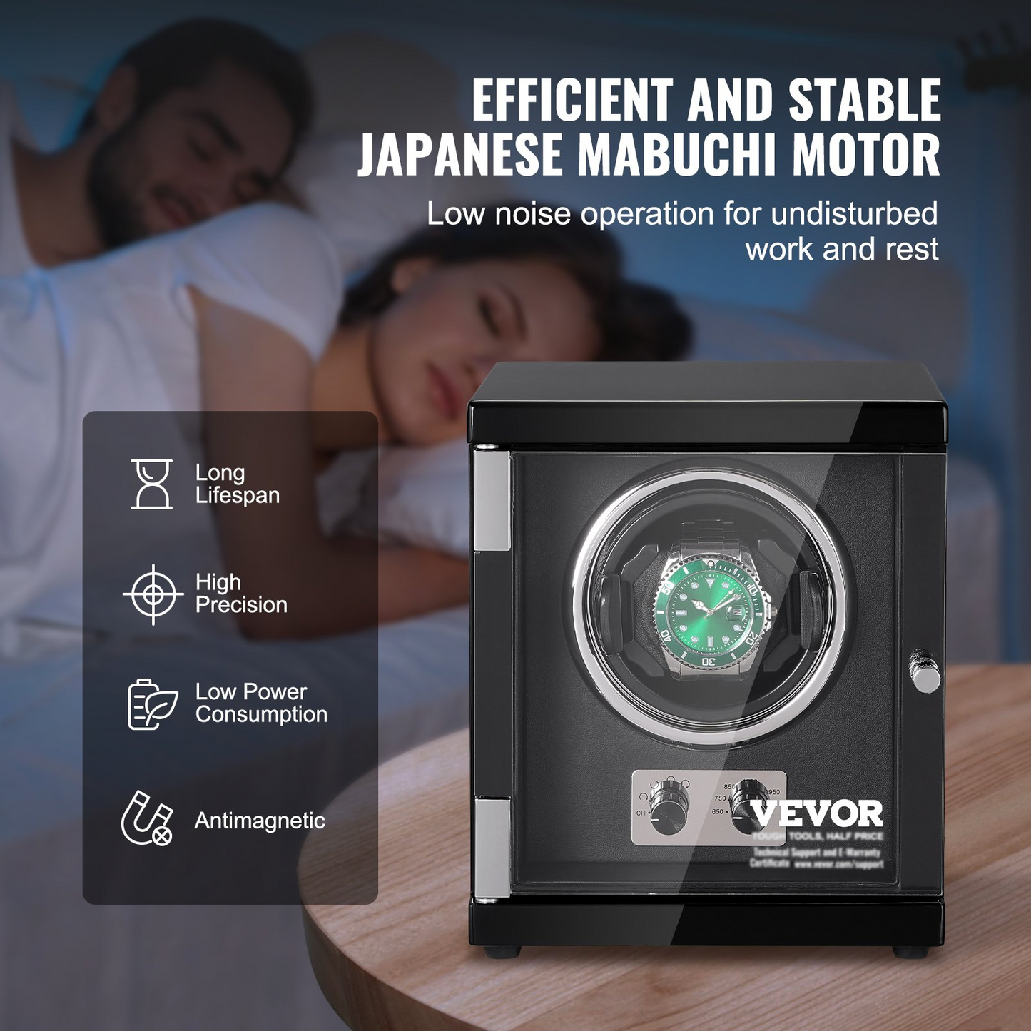 VEVOR Watch Winder, Single Watch Winder for Men's and Women's Automatic Watch, with Super Quiet Japanese Mabuchi Motor, Blue LED Light and Adapter, High-Density Board Shell and Black PU