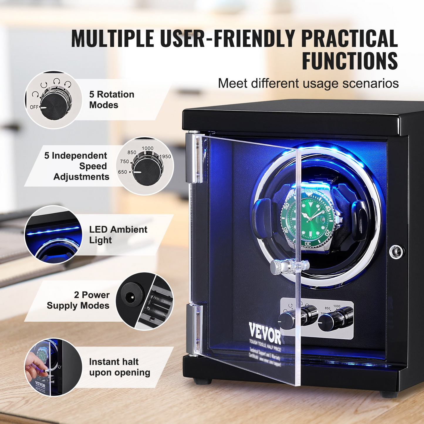 VEVOR Watch Winder, Single Watch Winder for Men's and Women's Automatic Watch, with Super Quiet Japanese Mabuchi Motor, Blue LED Light and Adapter, High-Density Board Shell and Black PU