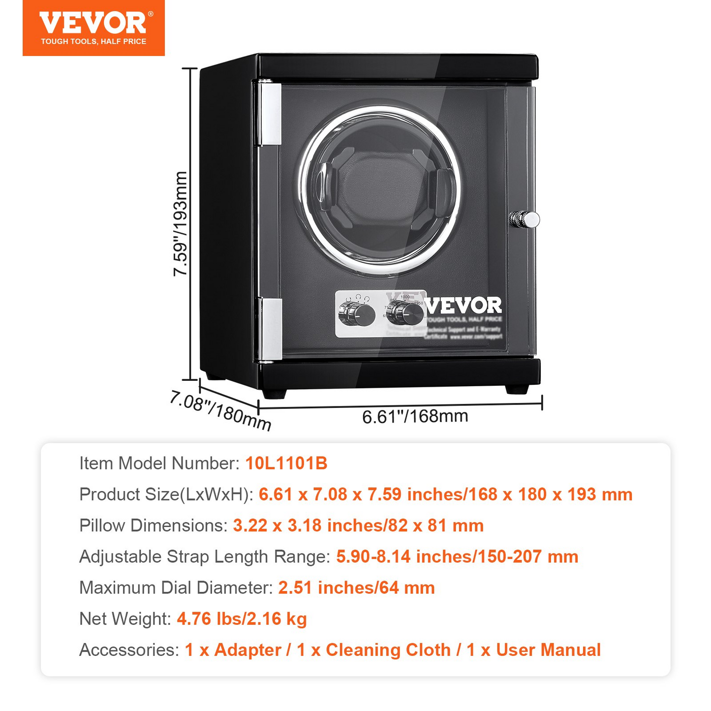 VEVOR Watch Winder, Single Watch Winder for Men's and Women's Automatic Watch, with Super Quiet Japanese Mabuchi Motor, Blue LED Light and Adapter, High-Density Board Shell and Black PU