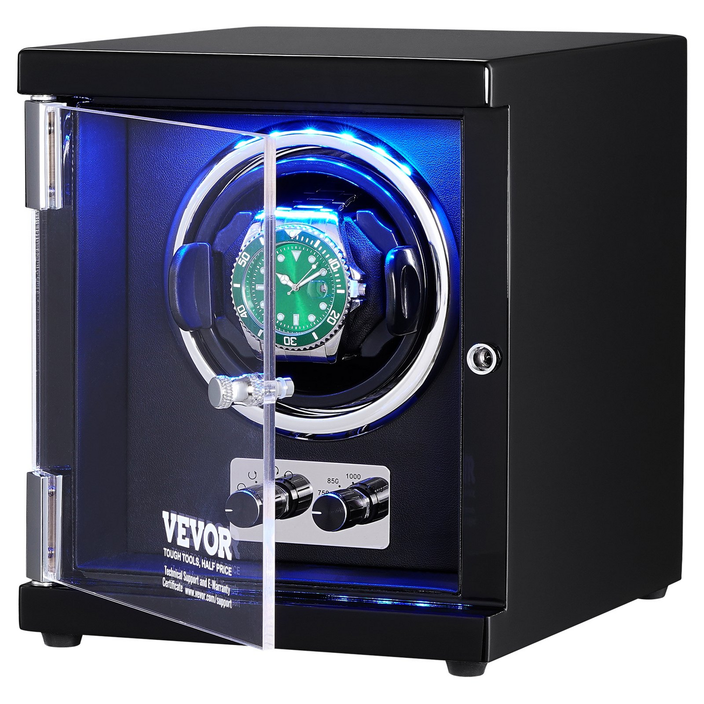 VEVOR Watch Winder, Single Watch Winder for Men's and Women's Automatic Watch, with Super Quiet Japanese Mabuchi Motor, Blue LED Light and Adapter, High-Density Board Shell and Black PU