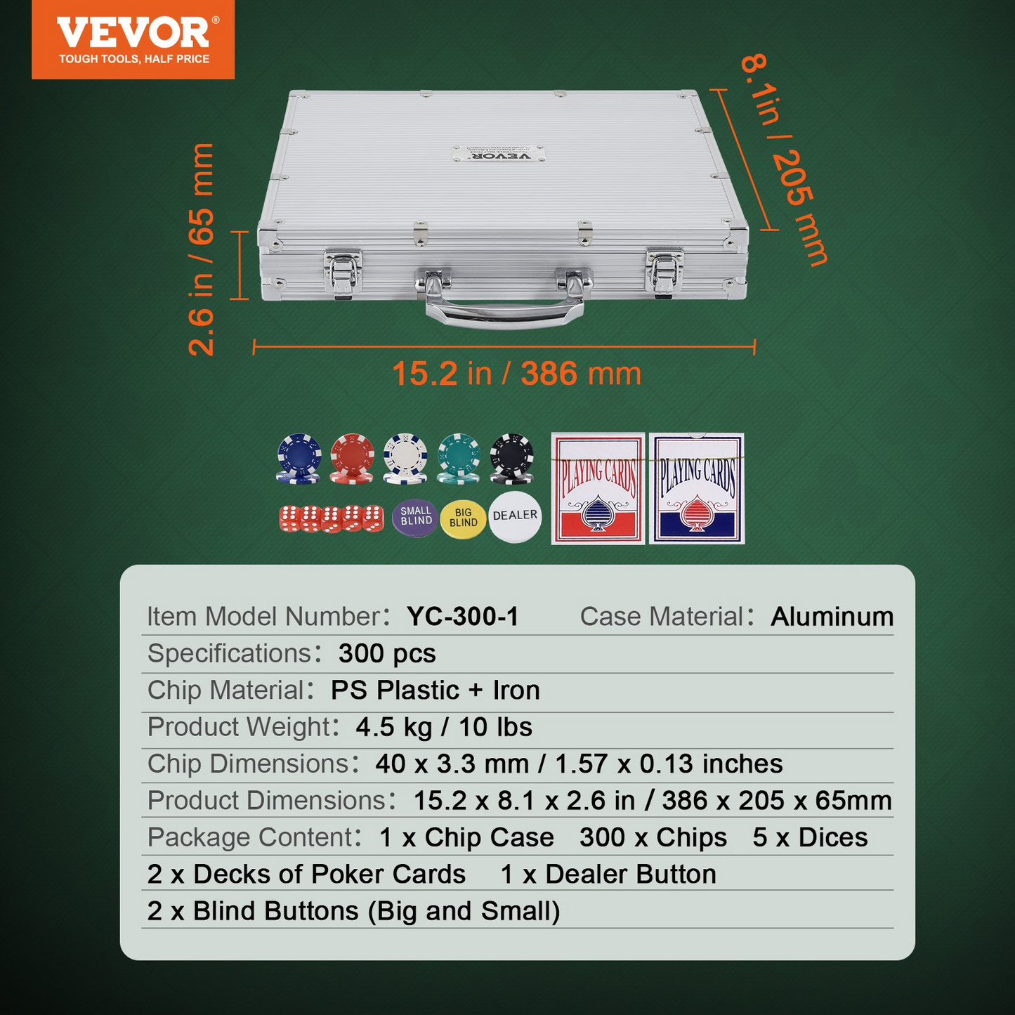 VEVOR Poker Chip Set, 300-Piece Poker Set, Complete Poker Playing Game Set with Aluminum Carrying Case, 11.5 Gram Casino Chips, Cards, Buttons and Dices, for Texas Hold'em, Blackjack, Gambling