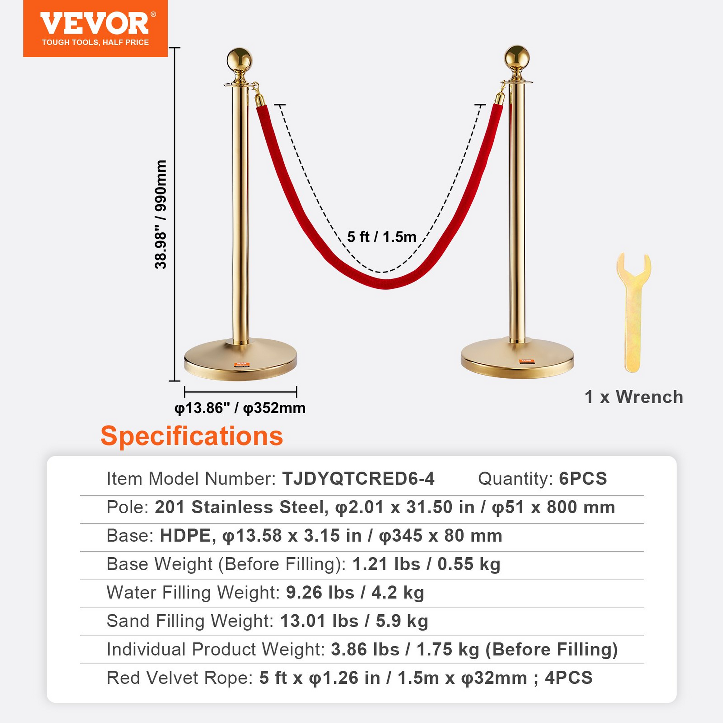 VEVOR Stanchion Post with Velvet Rope, 6-Pack Crowd Control Stanchion with 4PCS 5FT Red Velvet Ropes, Stainless Steel Queue Barrier Line Divider with Fillable Base & Ball Top for Wedding Museum Party
