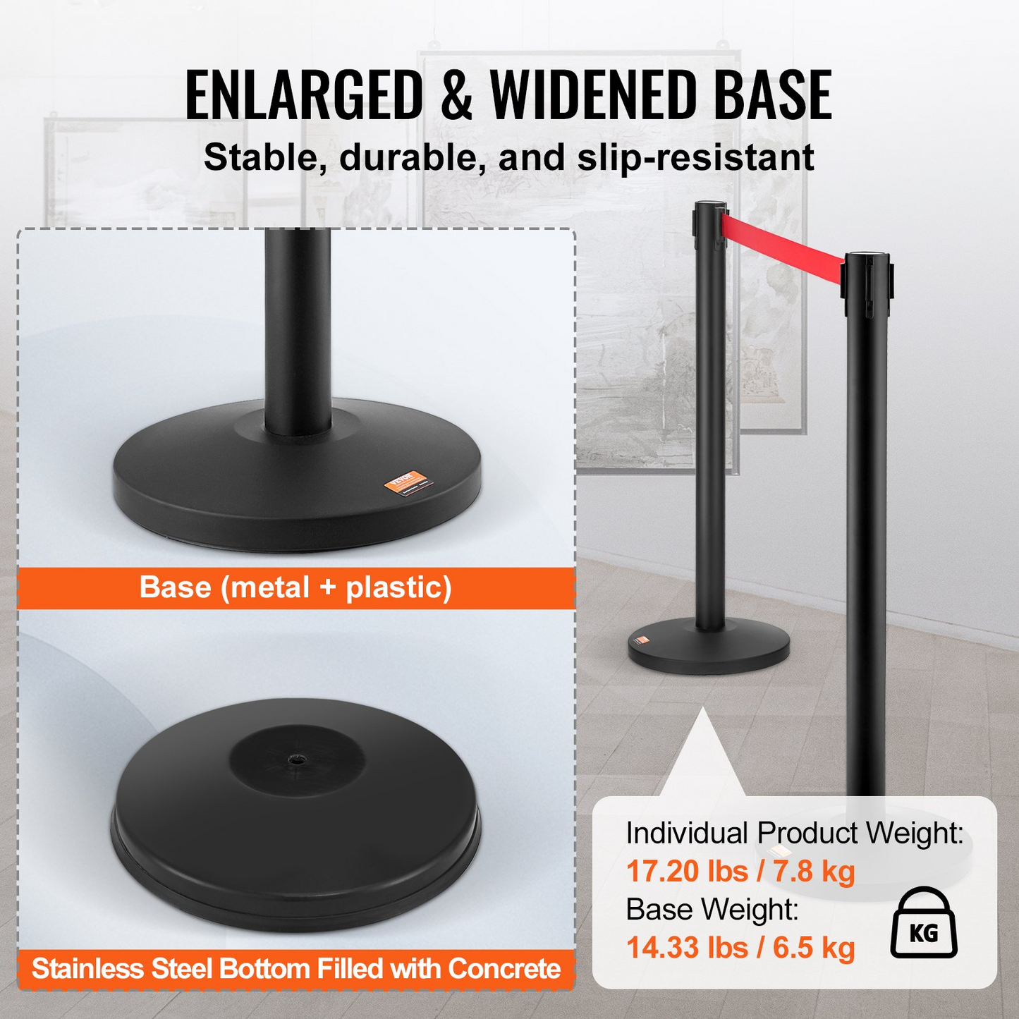 VEVOR Crowd Control Stanchions, 2-Pack Crowd Control Barriers, Carbon Steel Baking Painted Stanchion Queue Post with 11FT Red Retractable Belt, Belt Barriers Line Divider for Exhibition, Airport