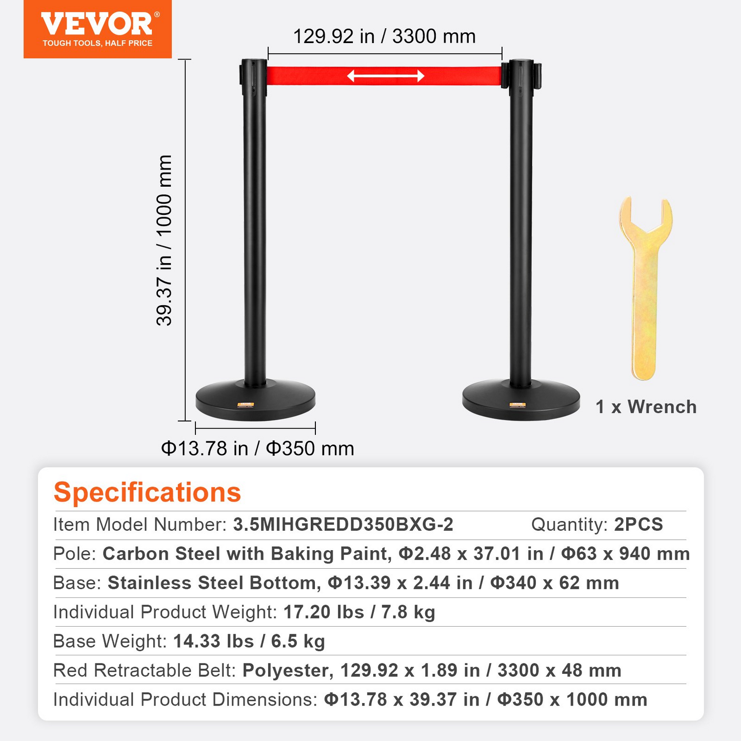 VEVOR Crowd Control Stanchions, 2-Pack Crowd Control Barriers, Carbon Steel Baking Painted Stanchion Queue Post with 11FT Red Retractable Belt, Belt Barriers Line Divider for Exhibition, Airport