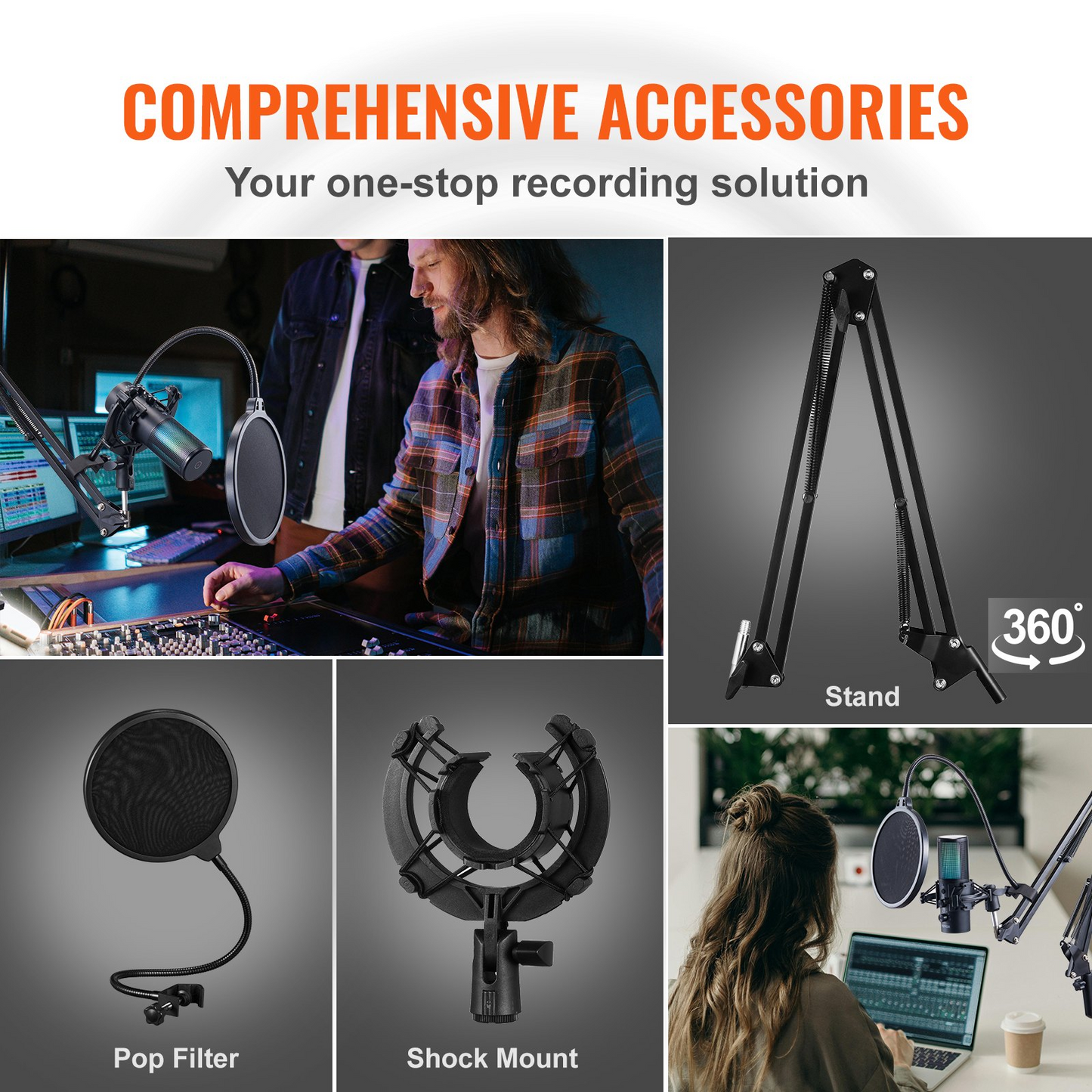 VEVOR USB Microphone, 192 kHz/24-bit, Professional Condenser Microphone Kit with Boom Arm Stand Pop Filter Shock Mount, 11 RGB Lighting Effects Mute Button Headphones Jack for Recording Gaming Singing