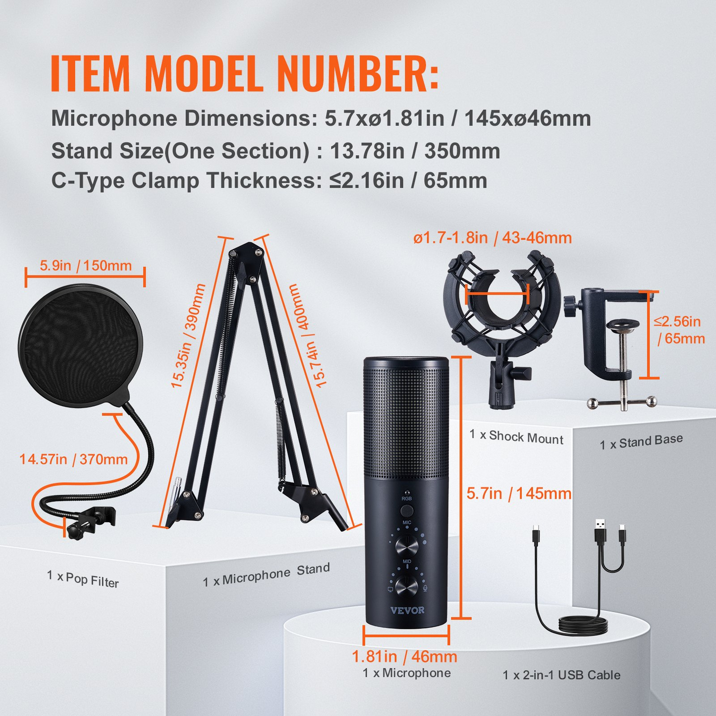VEVOR USB Microphone, 192 kHz/24-bit, Professional Condenser Microphone Kit with Boom Arm Stand Pop Filter Shock Mount, 11 RGB Lighting Effects Mute Button Headphones Jack for Recording Gaming Singing