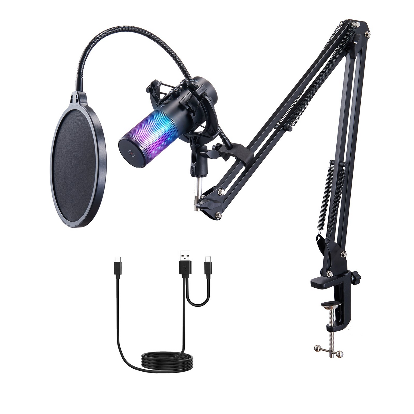 VEVOR USB Microphone, 192 kHz/24-bit, Professional Condenser Microphone Kit with Boom Arm Stand Pop Filter Shock Mount, 11 RGB Lighting Effects Mute Button Headphones Jack for Recording Gaming Singing