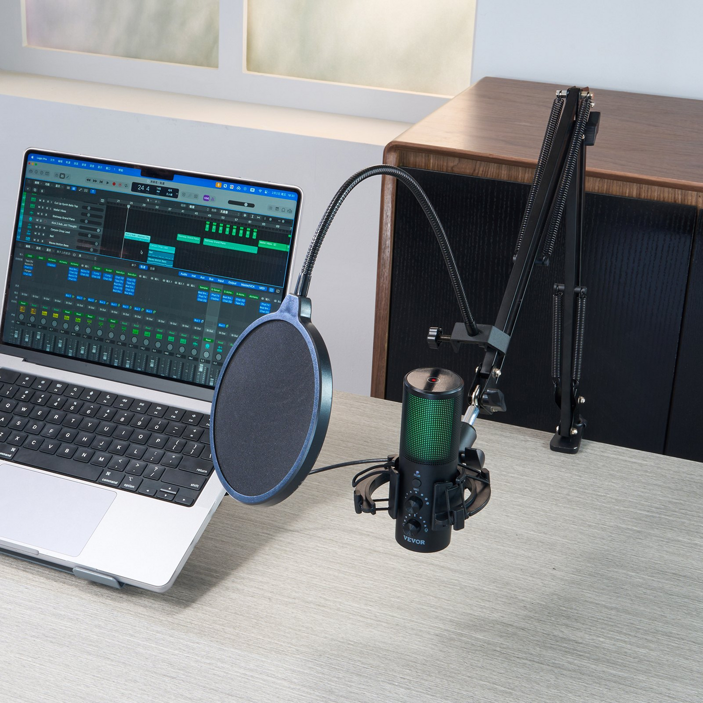VEVOR USB Microphone, 192 kHz/24-bit, Professional Condenser Microphone Kit with Boom Arm Stand Pop Filter Shock Mount, 11 RGB Lighting Effects Mute Button Headphones Jack for Recording Gaming Singing