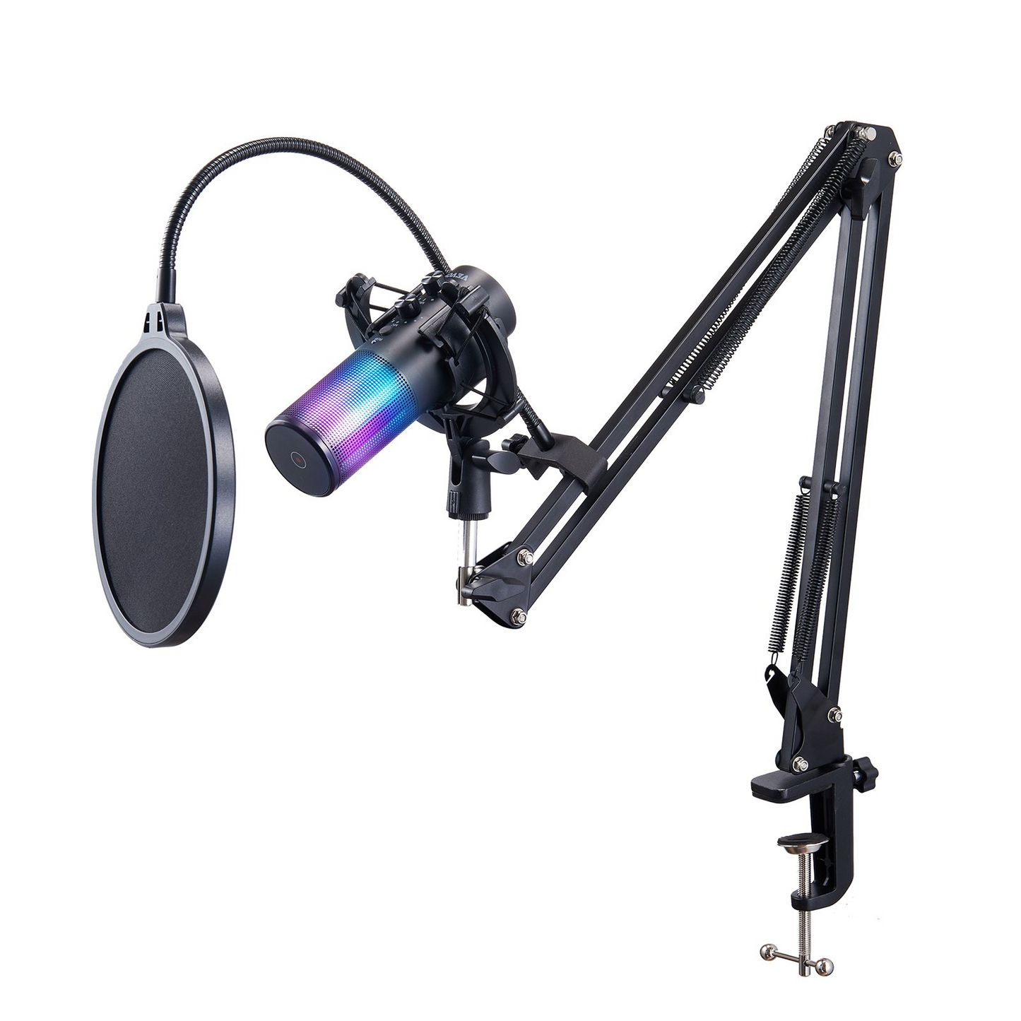 VEVOR USB Microphone, 192 kHz/24-bit, Professional Condenser Microphone Kit with Boom Arm Stand Pop Filter Shock Mount, 11 RGB Lighting Effects Mute Button Headphones Jack for Recording Gaming Singing
