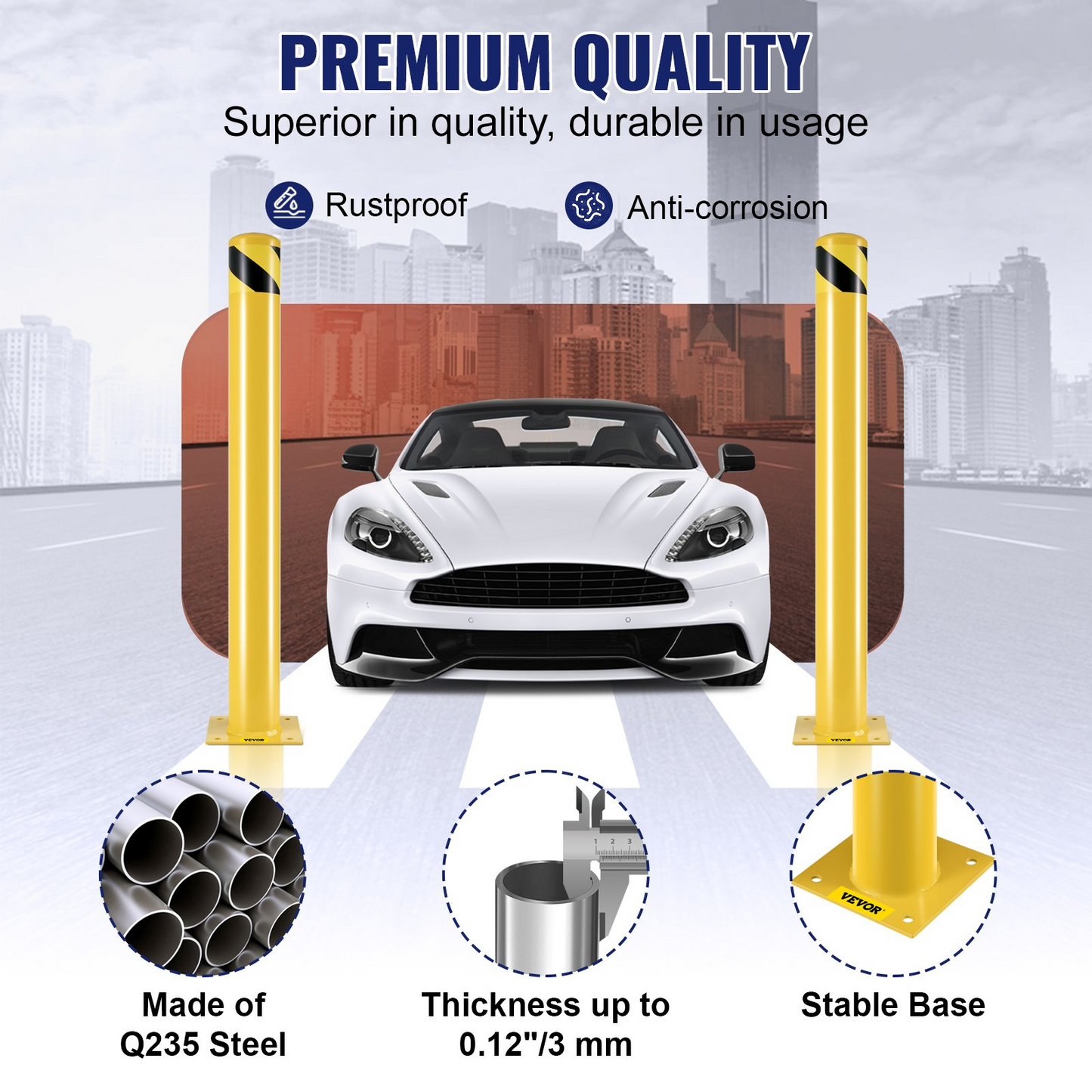 VEVOR Safety Bollard, 42 Inch Height Bollard Post, 4.5 Inch Diameter Steel Pipe Safety Bollard Post, Yellow Steel Bollard, Steel Safety Bollard with 8 Anchor Bolts, Perfect for Traffic-Sensitive Area