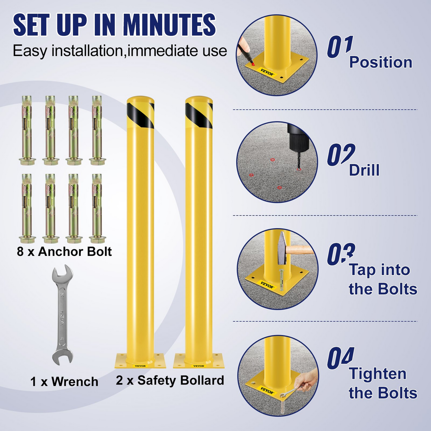 VEVOR Safety Bollard, 42 Inch Height Bollard Post, 4.5 Inch Diameter Steel Pipe Safety Bollard Post, Yellow Steel Bollard, Steel Safety Bollard with 8 Anchor Bolts, Perfect for Traffic-Sensitive Area