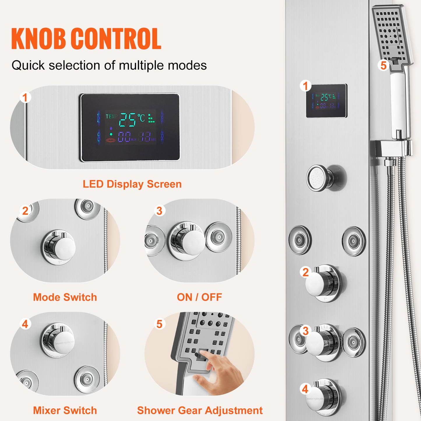 VEVOR Shower Panel System, 6 Shower Modes, LED & Screen Hydroelectricity Shower Panel Tower, Rainfall, Waterfall, 8 Massage Jets, Tub Spout, Handheld Shower, Stainless Steel Wall-Mounted Shower Set