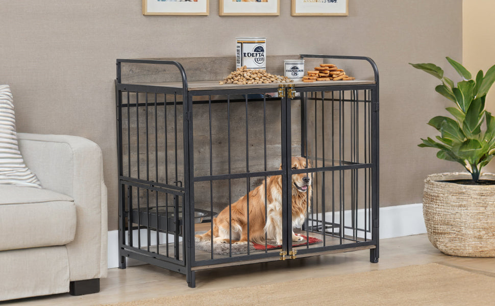 39'' Indoor Metal Dog Crate with Double Doors, Wooden Side End Table Crate, Dog Crate Furniture with Adjustable Feeder Stand, for Medium Dog, Gray