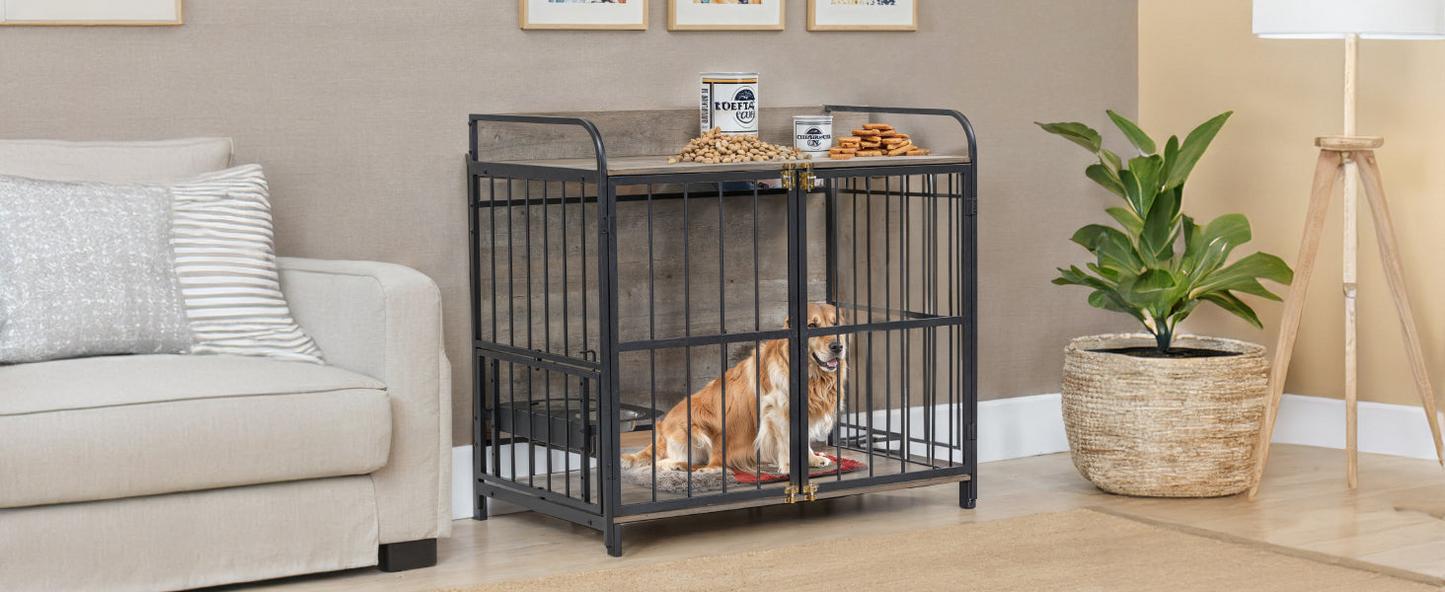 39'' Indoor Metal Dog Crate with Double Doors, Wooden Side End Table Crate, Dog Crate Furniture with Adjustable Feeder Stand, for Medium Dog, Gray