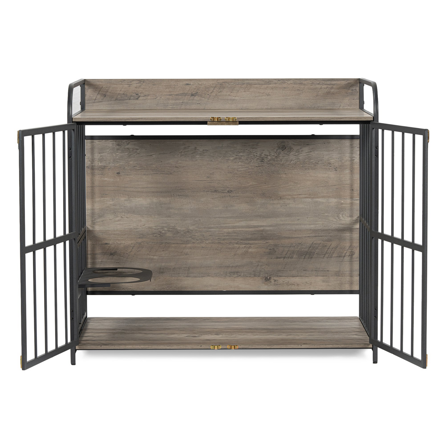 39'' Indoor Metal Dog Crate with Double Doors, Wooden Side End Table Crate, Dog Crate Furniture with Adjustable Feeder Stand, for Medium Dog, Gray