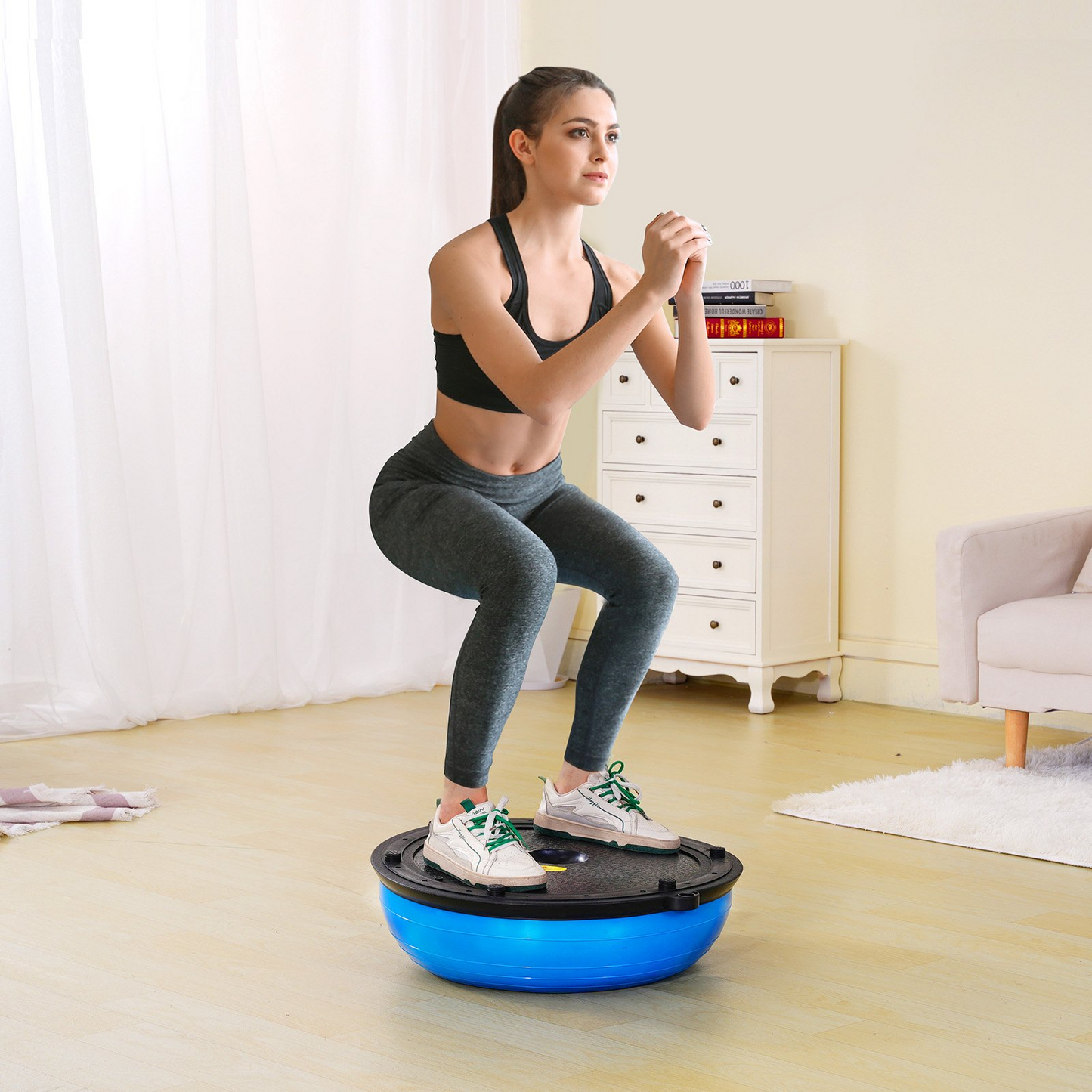 VEVOR Half Exercise Ball Trainer, 23 inch Balance Ball Trainer, 660lbs Capacity Stability Ball, Yoga Ball with Resistance Bands & Foot Pump, Strength Fitness Ball for Home Gym, Full Body Workout, Blue