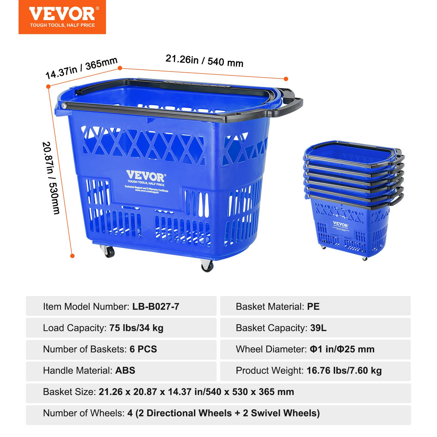 VEVOR Plastic Rolling Shopping Trolley Basket On Wheels 6PCS 39L with Handle