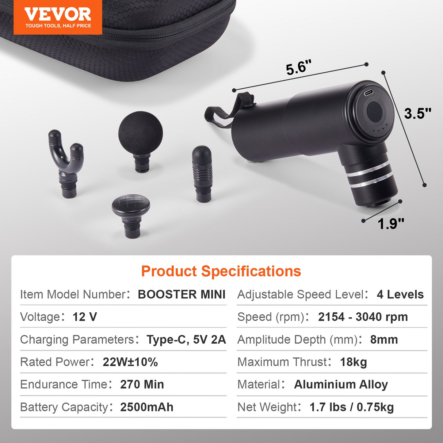 VEVOR Massage Gun Deep Tissue, Percussion Mini Muscle Massage Gun for Athletes - with 4 Speed Levels & 4 Massage Heads, 12V 2500mAh Batteries, Handheld Massage Gun for Pain Relief, Muscle Relaxation