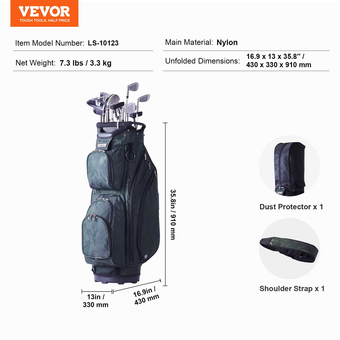 VEVOR Golf Cart Bag with 14 Way Organizer Divider Top, 36” 11 Pockets Premium Nylon Cart Bag, Durable Golf Bags with Handles & Dust Cover & Detachable Straps for Men & Women, Army Green